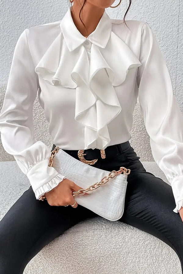 Stylish Ruffled Tiered Lapel Long Sleeve Blouse for Women | Elegant Office Wear & Date Night Outfit
