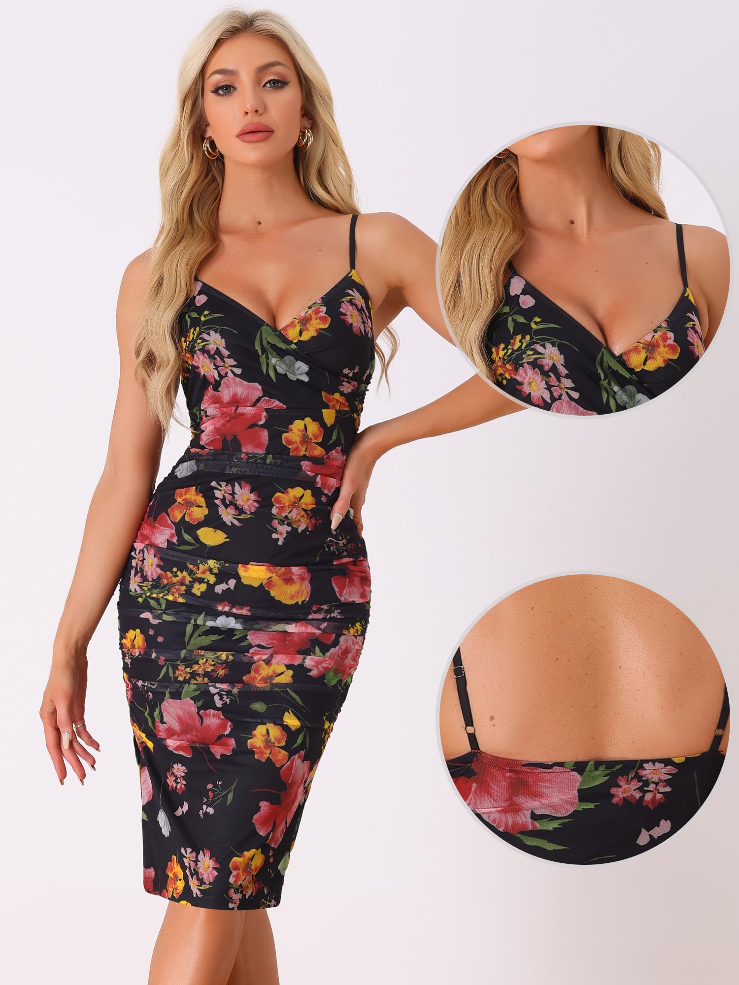 Allegra K Women's Floral Cami Dress - Ruched Mesh Side Slit Bodycon Summer Dress for Casual Outings, Beach Vacations & Night Out Parties