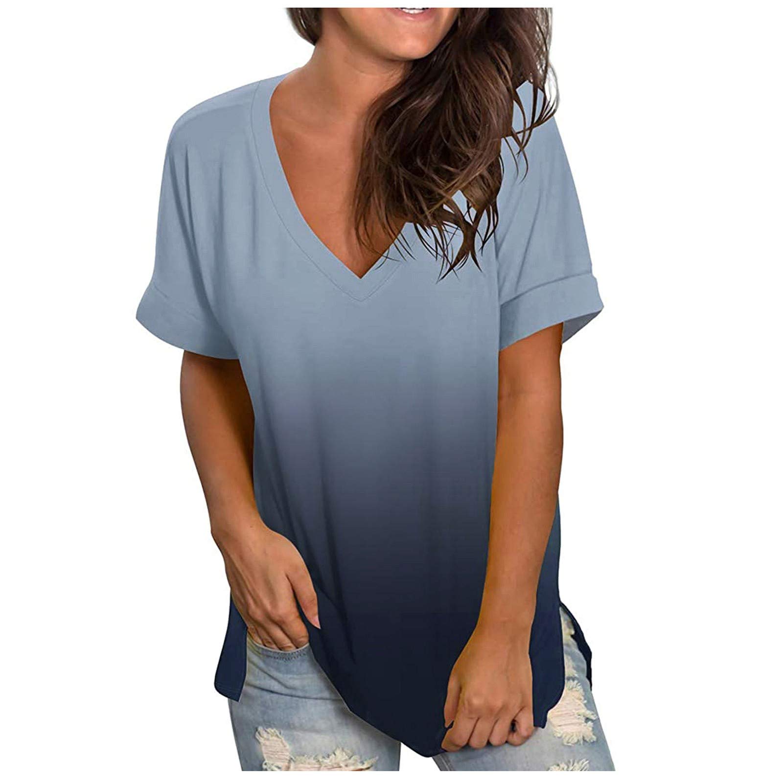 Oversized V-Neck Short Sleeve T-Shirts for Women - Summer Casual Loose Fit Tops - Perfect for Beach Outings, Weekend Errands & Layering