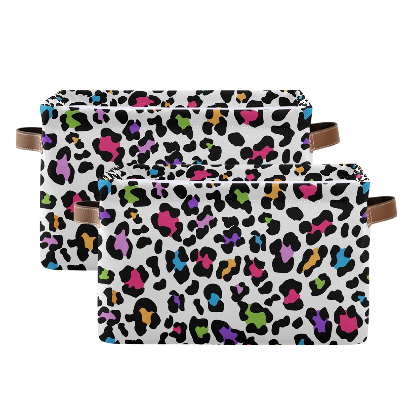 Leopard Print Foldable Storage Baskets for Shelves - Waterproof Collapsible Fabric Storage Bins with Handles, Sturdy Canvas Storage Cubes for Home Organization (2-Pack) | Perfect for Nursery, Closet & Shelf Organizing