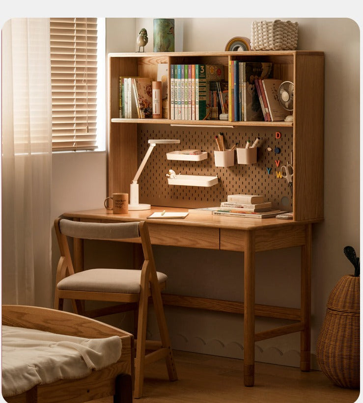 Solid Oak Wood Adjustable Height Kids Study Desk with Bookshelf - Perfect for Homework, Reading & Organizing in Bedroom or Playroom