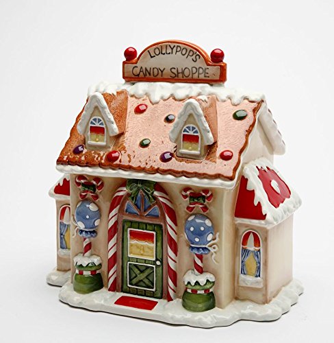 Fine Ceramic Santa's Village Lollipop Candy Shoppe House Cookie Jar - 8 7/8 Inch Christmas Decorative Storage for Candy, Cookies & Treats - Perfect for Holiday Kitchen Decor & Gift Giving