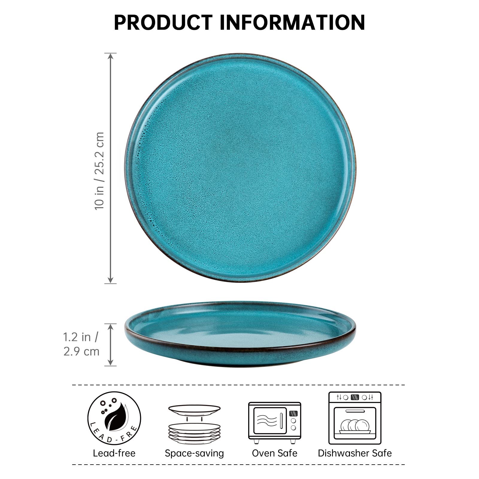 Henten Home 10 Inch Ceramic Dinner Plates Set of 4 - Porcelain Pasta Plates, Fluted Round Plates for Kitchen, Steak, Salad - Scratch Resistant, Dishwasher & Microwave Safe (Aqua) - Perfect for Dining, Entertaining & Restaurant Use