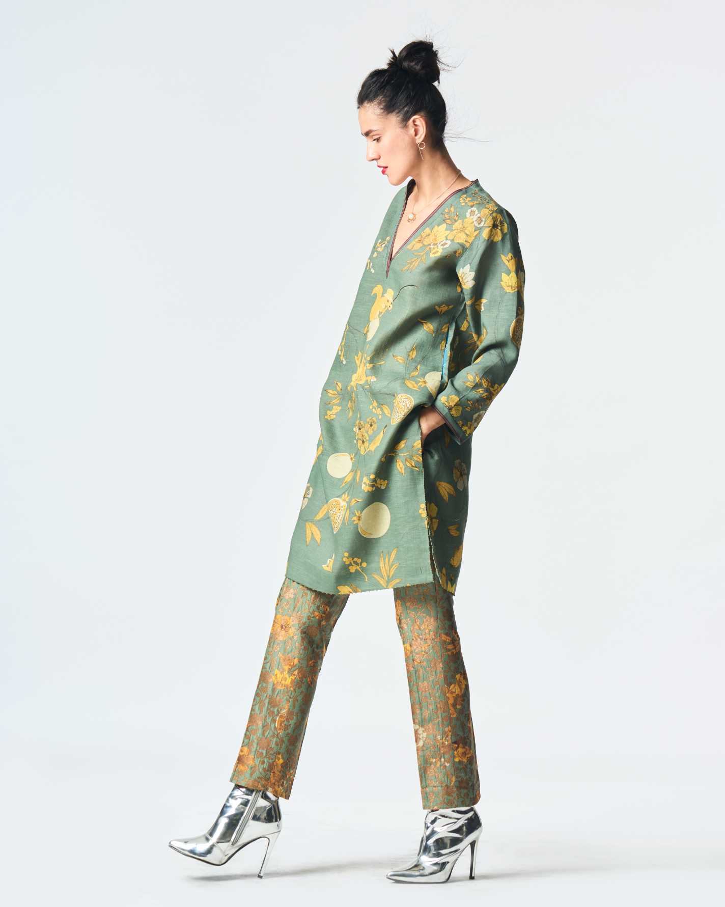Elegant V Neck Kurta for Women - Soft Muga Satin Fabric in Sage Green - Perfect for Festivals, Weddings & Casual Wear