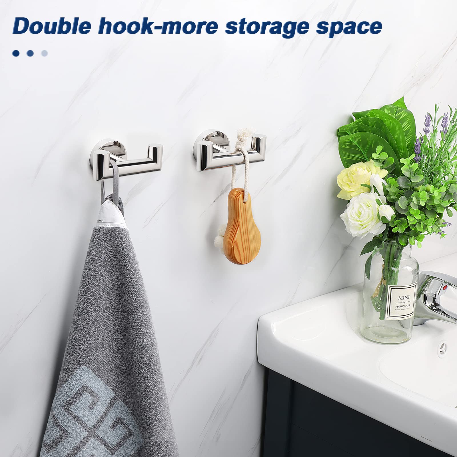 NearMoon Double Towel Hook - 2 Pack Heavy Duty SUS304 Stainless Steel Bathroom Wall Hooks for Towels, Robes & Coats - Chrome Finish Wall Mounted Hooks for Bathroom, Living Room & Kitchen Organization