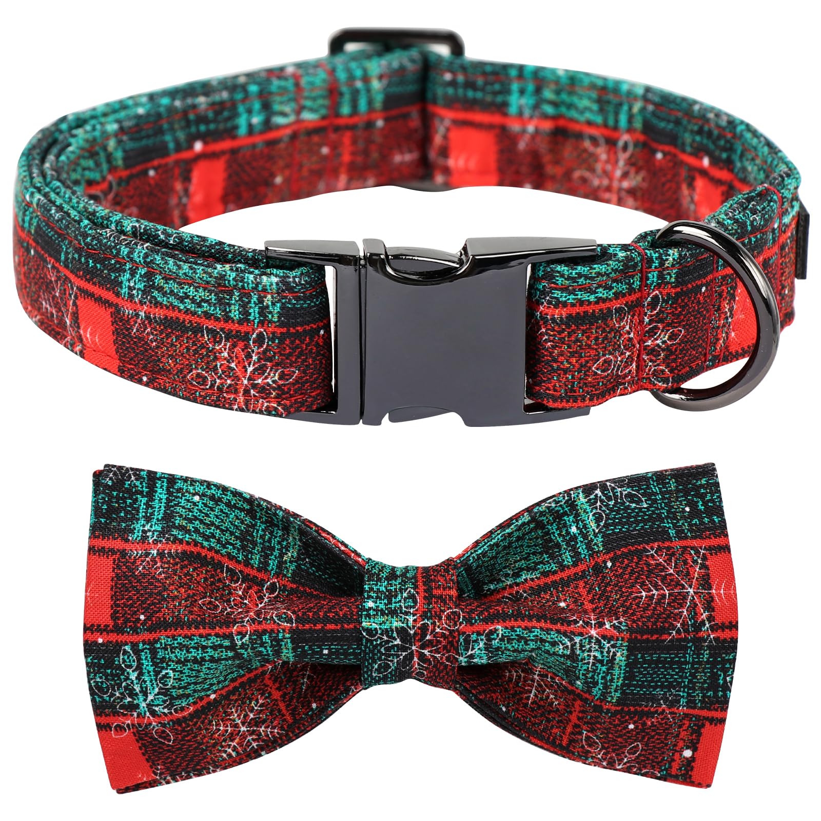 Festive Christmas Plaid Dog Collar with Bow Tie - Soft Cotton Adjustable Collar with Metal Buckle for Small, Medium & Large Dogs - Perfect for Holiday Photos, Parties & Gift Giving