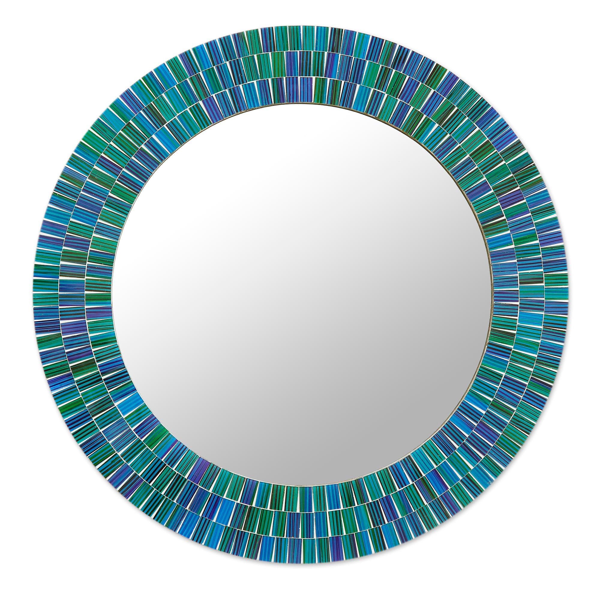 NOVICA Handcrafted Blue and Green Mosaic Glass Wood Wall Mirror - Ocean Inspired Home Decor for Bathroom, Bedroom & Entryway