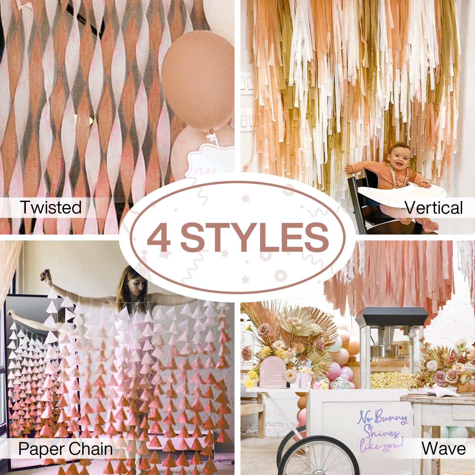 PartyWoo Crepe Paper Streamers - 4 Rolls (328ft Total) Blush Pink Party Decorations for Birthdays, Weddings & Events | DIY Backdrop, Photo Booth & Ceiling Decor (1.8
