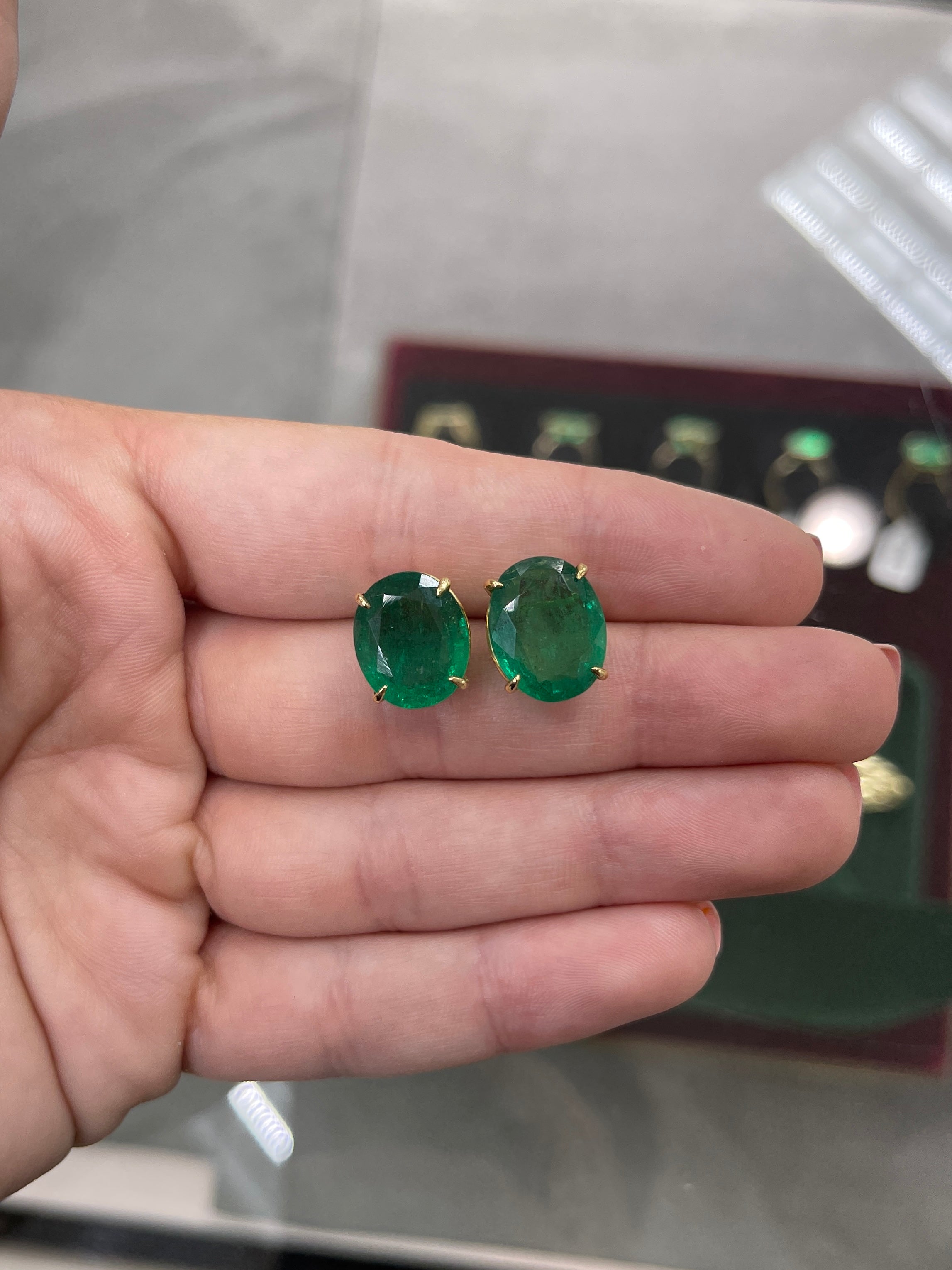 13.61tcw AAA Fine Quality HUGE Dark Green Zambian Oval Stud Earrings in 18K Gold - Perfect for Evening Parties, Weddings & Special Occasions