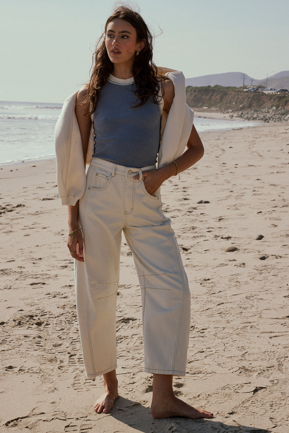 Lisette High Waist Barrel Jeans for Women - Cream Wash Stretch Denim Pants - Casual & Comfortable Fit for Everyday Wear, Office, and Date Night