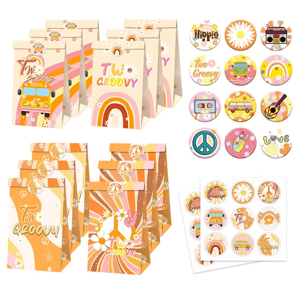 12 Groovy Button Pins, 12 Party Goodie Bags & 18 Colorful Stickers - 70s Theme Party Favor Set for Kids, Teens & Adults | Perfect for Birthday Celebrations, Retro Parties & School Events