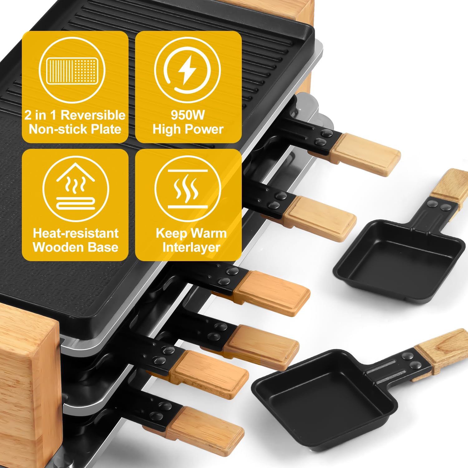 CUSIMAX Electric Indoor Raclette Grill & Korean BBQ - 2-in-1 Nonstick Grill Plate with 8 Cheese Pans, Wooden Spatulas & Base - Perfect for Family Gatherings, Dinner Parties & Holiday Entertaining