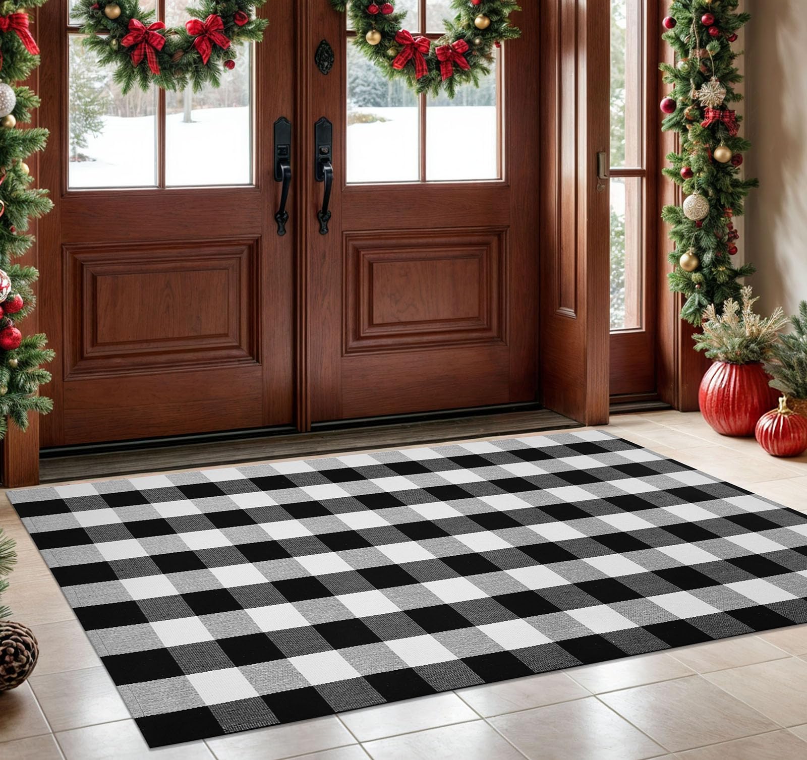 KOZYFLY Buffalo Plaid Washable Cotton Rug 4x6 Ft - Black & White Checkered Indoor/Outdoor Carpet for Bedroom, Living Room, Porch, Kitchen, Front Door Mat | Cozy Home Decor & Durable Floor Covering