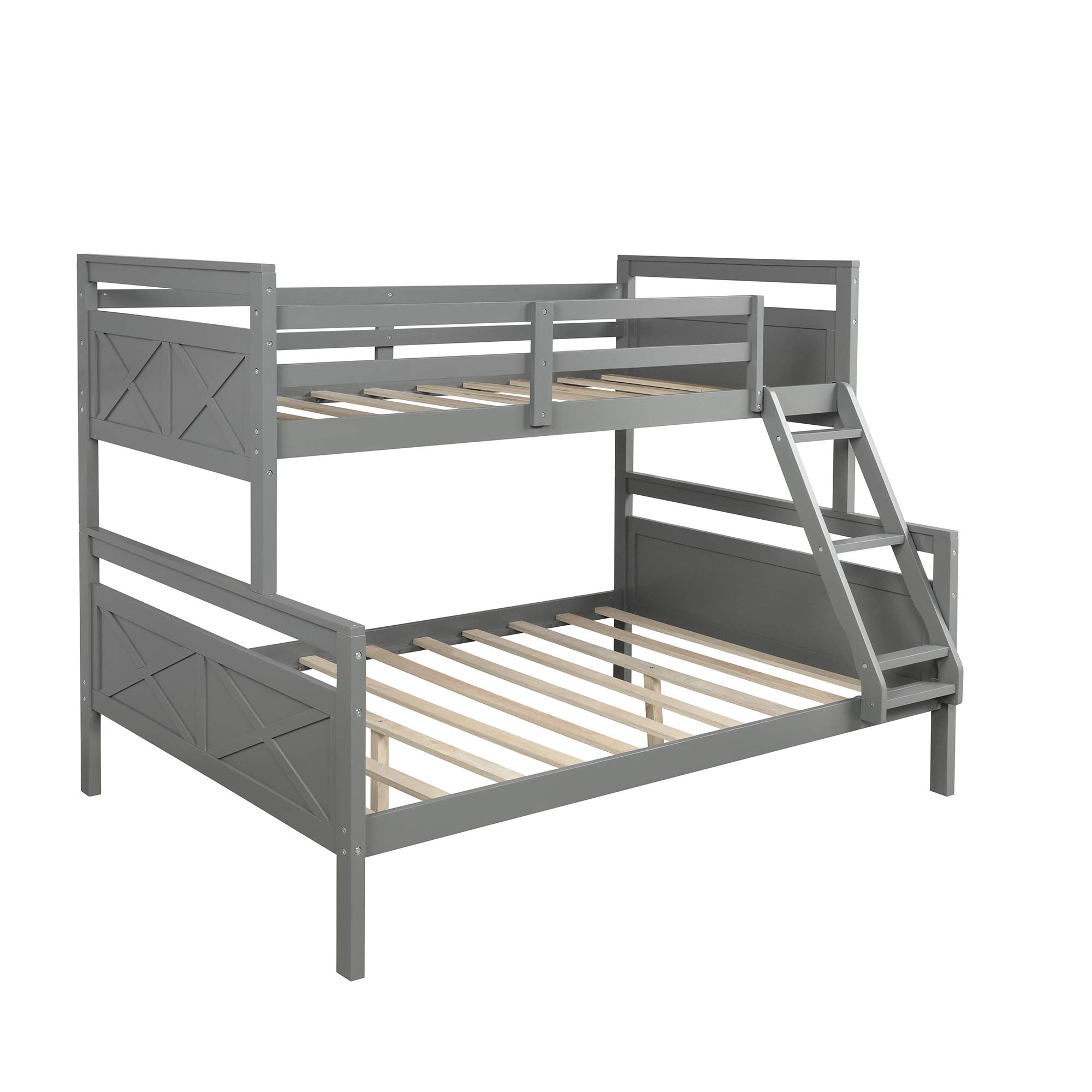 Twin Over Full Bunk Bed with Inclined Ladder & Guardrail - Solid Wood Frame with Sturdy Center Support - Converts to 2 Separate Beds - Ideal for Kids' Bedrooms & Small Spaces (Grey)