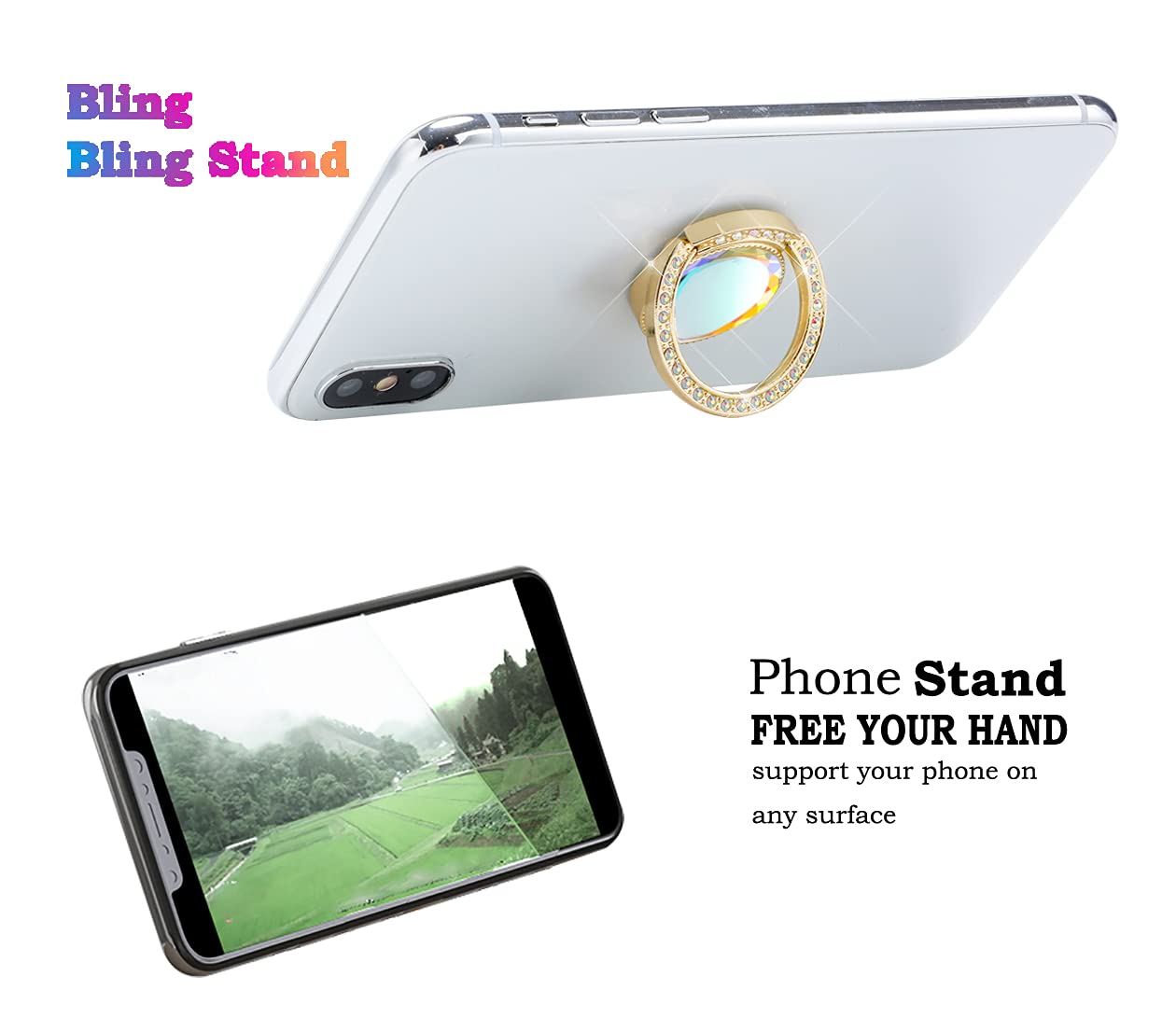 Sparkly Glitter Phone Ring Holder with Flat Diamond & Rhinestone - Bling Bling Phone Grip Stand for iPhone, Samsung & Smartphones - Gold (Perfect for Selfies, Videos & Secure Grip)