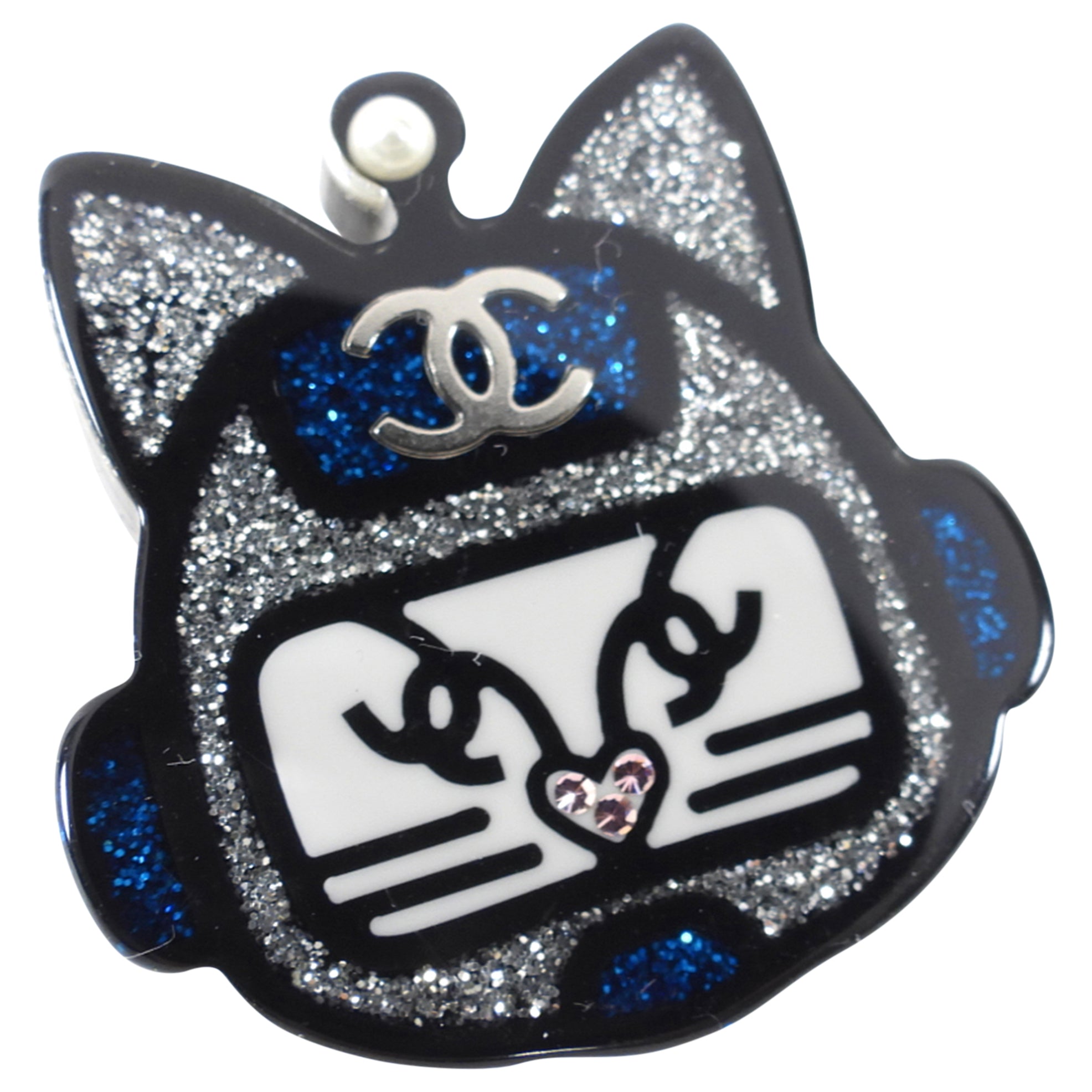Chanel 17S Blue and Silver Resin Space Cat Brooch Pin - Vintage Luxury Cat Jewelry for Women - Perfect for Jackets, Scarves & Handbags