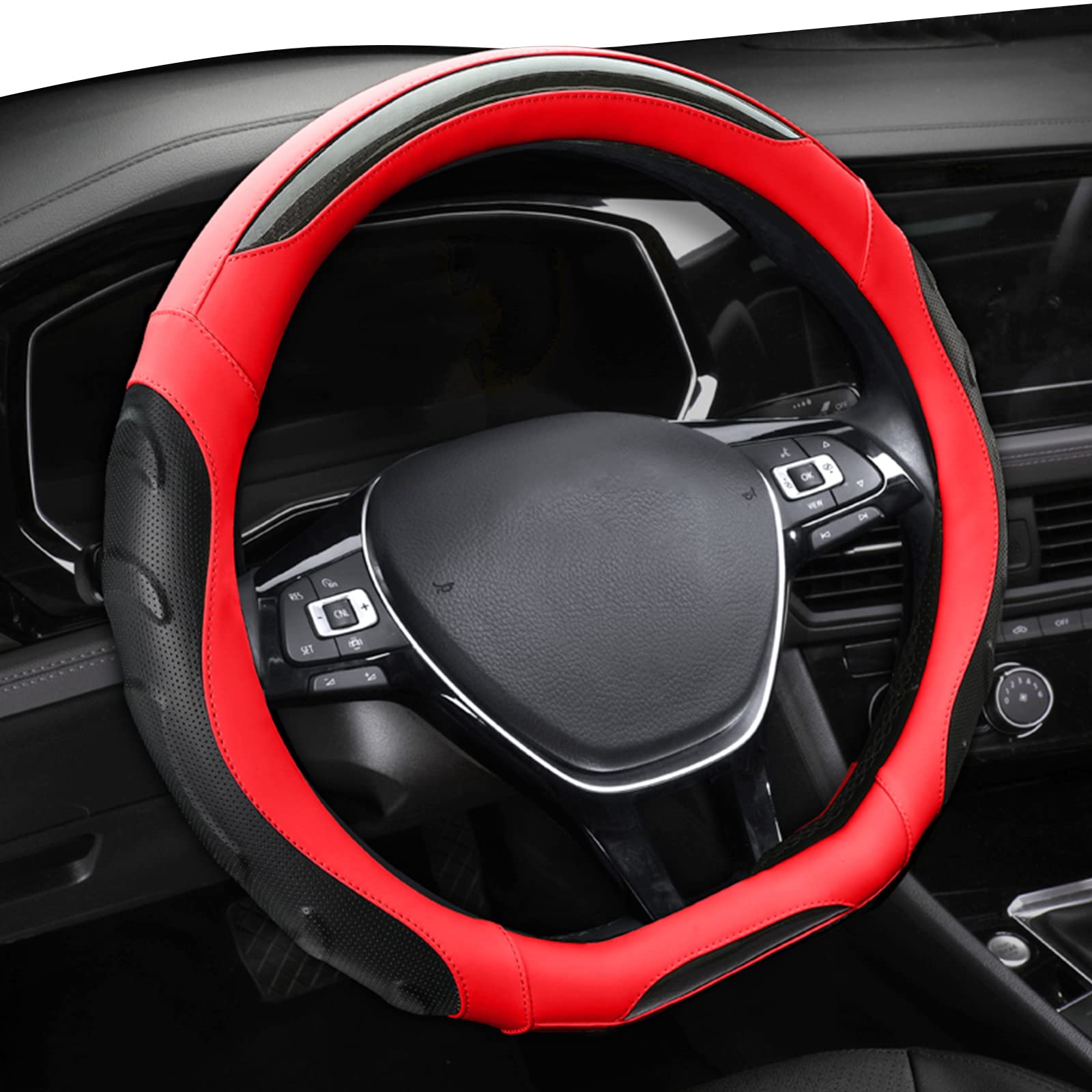 Ergocar D-Shaped Sporty Steering Wheel Cover - Breathable Anti-Slip Carbon Fiber & Microfiber Leather Car Steering Wheel Protector (15