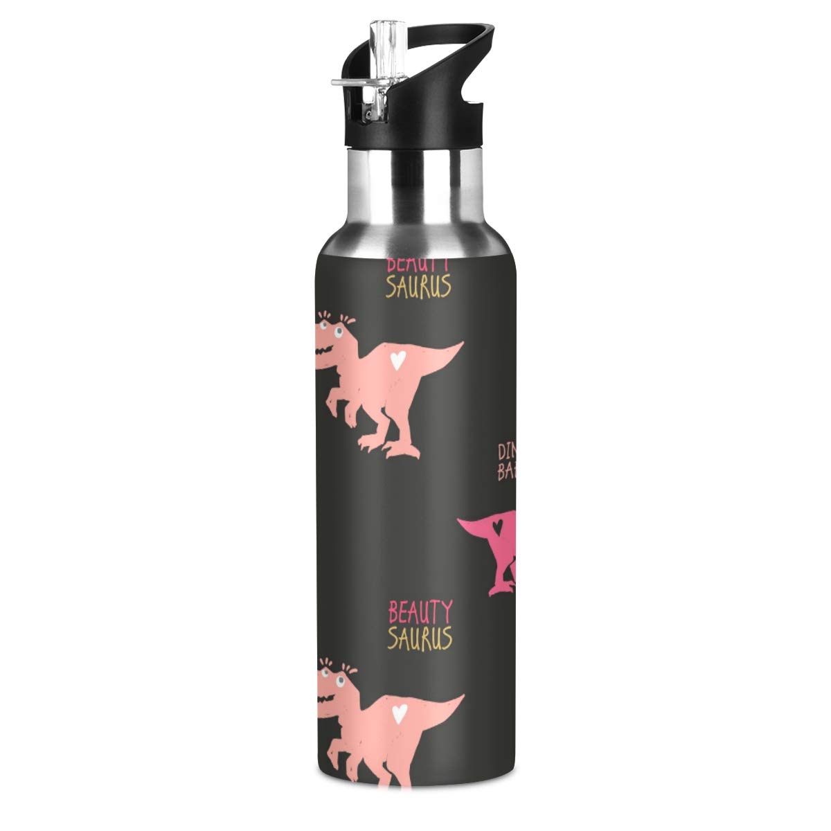Qilmy 20 oz Stainless Steel Vacuum Insulated Water Bottle with Straw Lid - Leakproof Thermo Flask for Gym, Hiking & Outdoor Activities - Dinosaur Design Sport Bottle
