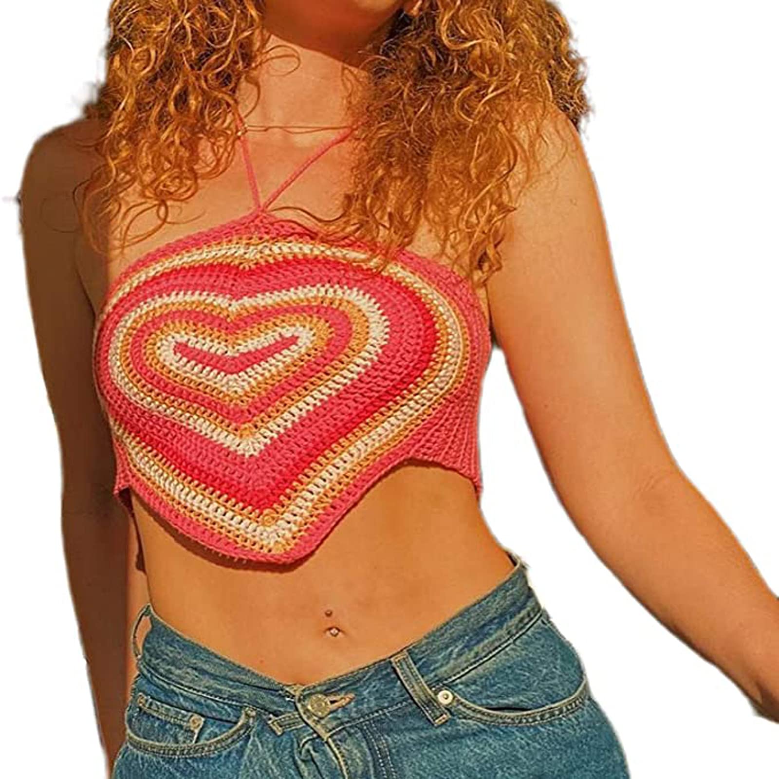 Y2K Vintage Heart Print Knit Halter Crop Top for Women - Sleeveless Backless Summer Tank Top | Perfect for Beach, Music Festivals & Casual Outfits