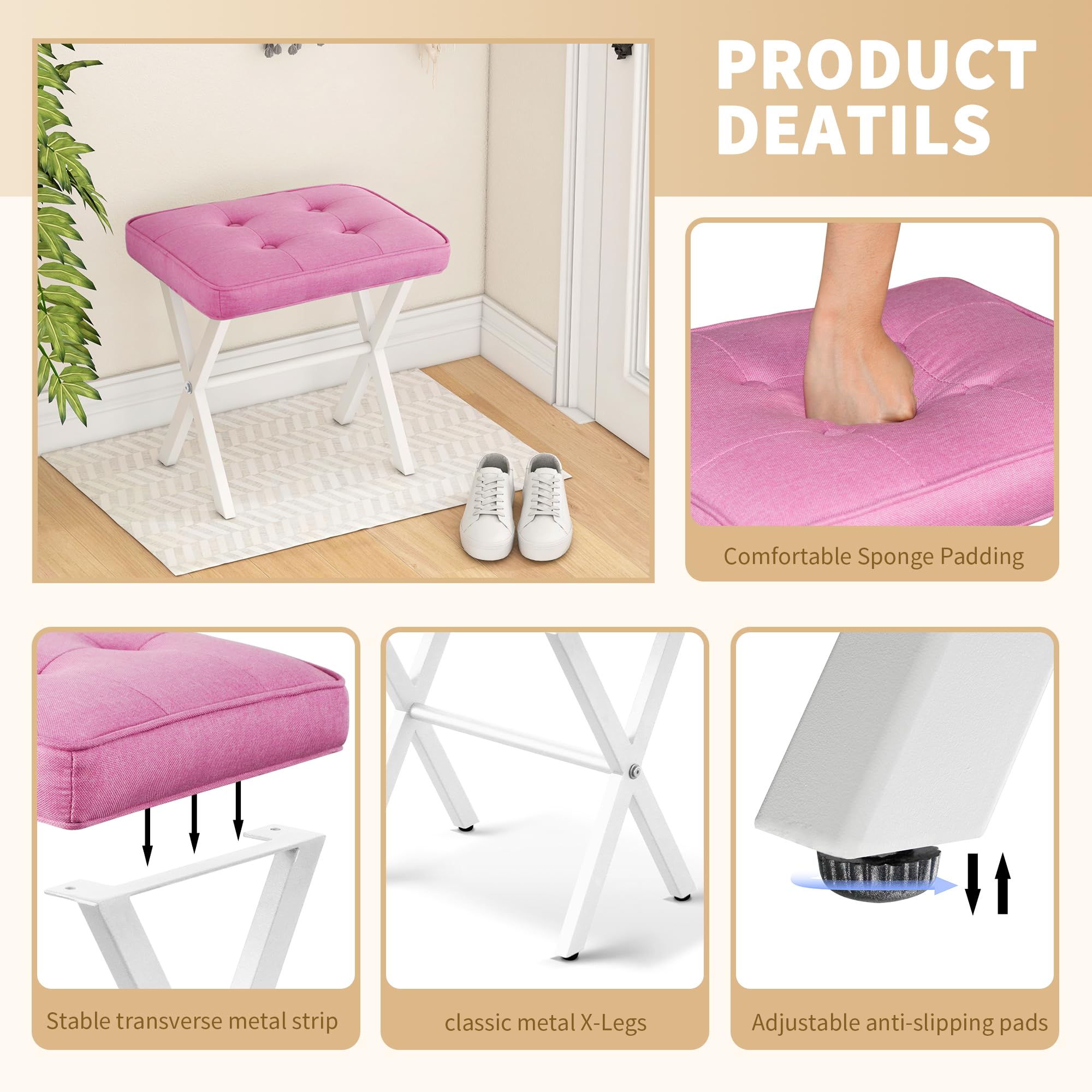 Pink Upholstered Vanity Stool with Metal X Legs - Makeup Chair, Ottoman Footrest for Bedroom, Bathroom & Living Room - Soft Padded Seat for Entryway & Dressing Area - Home Decor & Comfortable Seating Solution