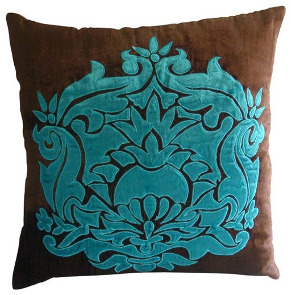Brown & Blue Velvet Throw Pillow Cover - Elegant Damask Applique Design for Sofa, Bed & Home Decor - Soft Luxury Cushion Case for Living Room, Bedroom & Dorm