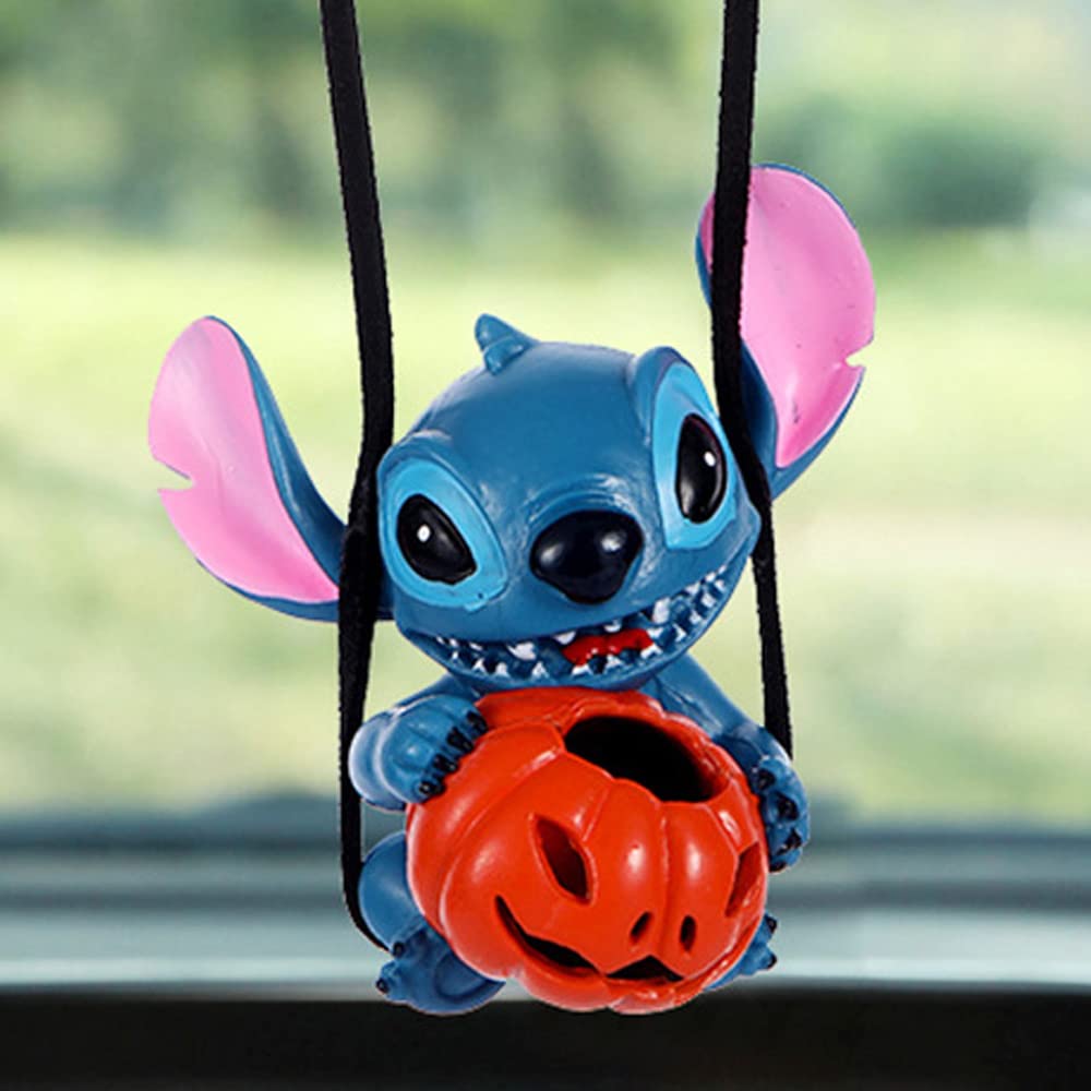 ZOSTLAND Cartoon Car Swing Ornament - Halloween Jack-o-Lantern Auto Rear View Mirror Hanging Decoration - Lovely Blue Car Accessory for Interior Decor (Pumpkin Alien) - Perfect for Halloween, Christmas Car Decor & Gift Giving