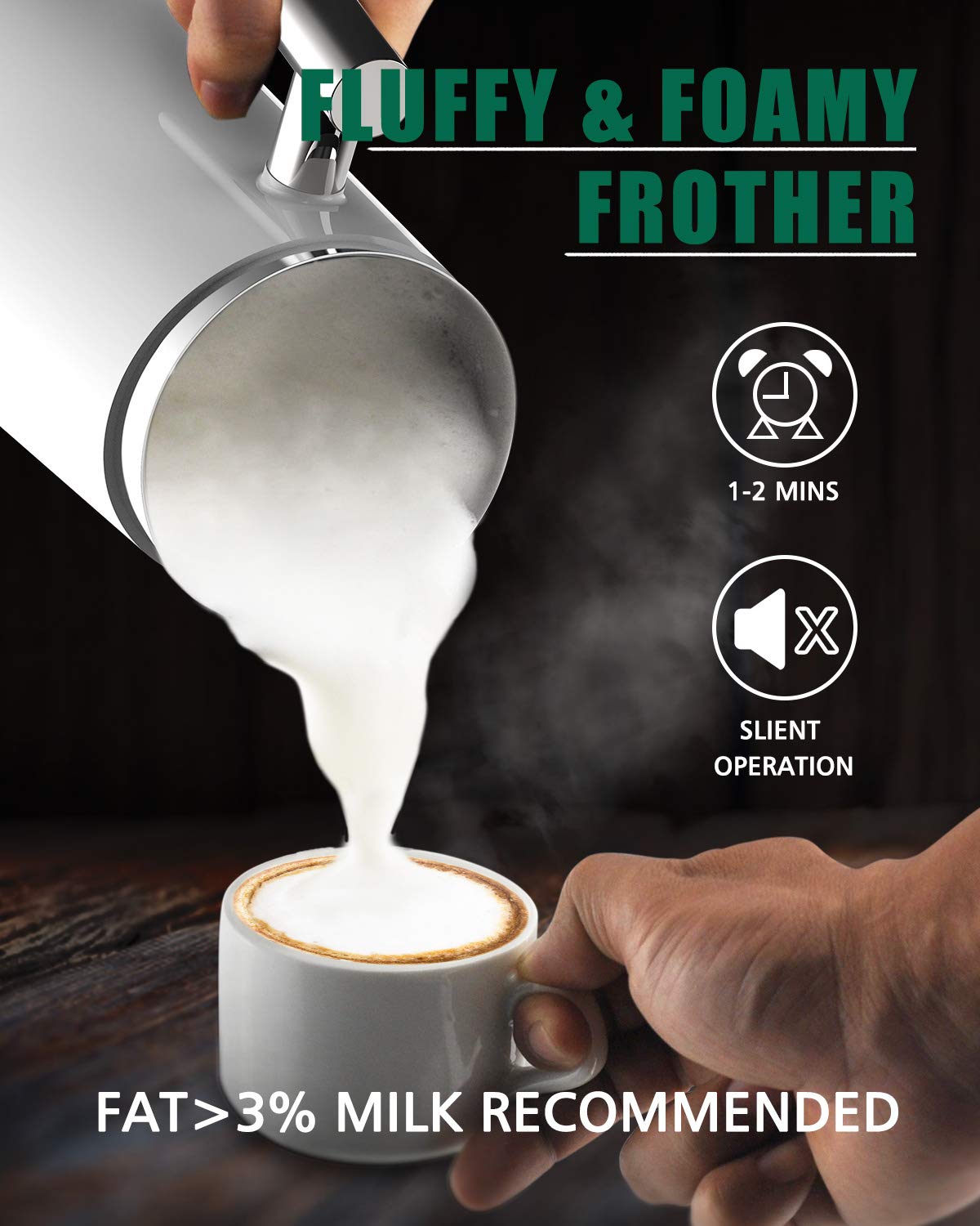 Huogary Electric Milk Frother and Warmer - 4.5oz/10.5oz Capacity for Perfect Milk Foam & Hot Milk - 120V White Handheld Frother for Lattes, Cappuccinos, Hot Chocolate - Ideal for Coffee Shops, Home Baristas & Office Use
