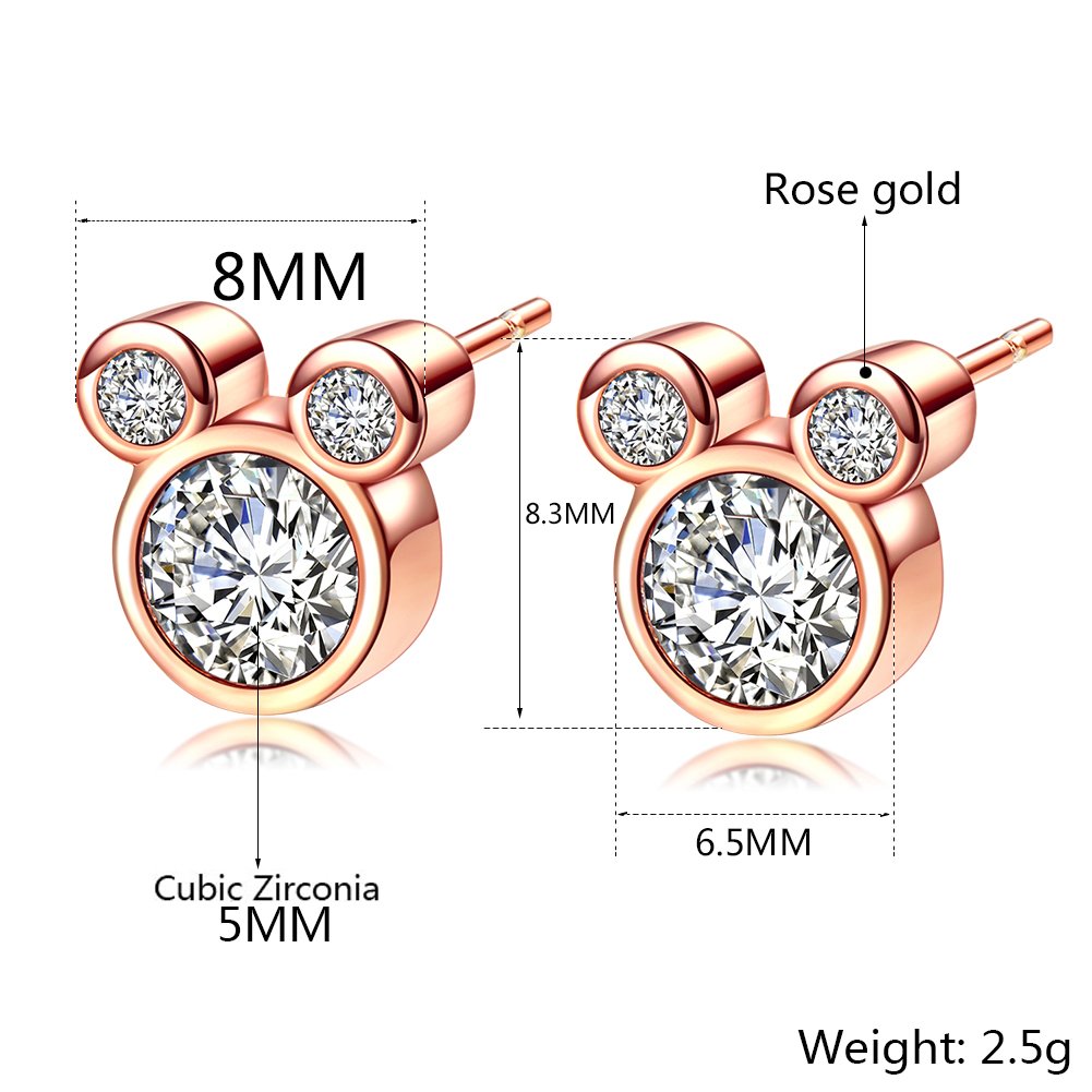 Deelan Women's Rose Gold Plated Mickey Mouse Stud Earrings with Zircon - Cute Disney Jewelry for Wedding, Party & Gift Giving - Perfect for Disney Fans, Bridesmaids & Fashion Accessories