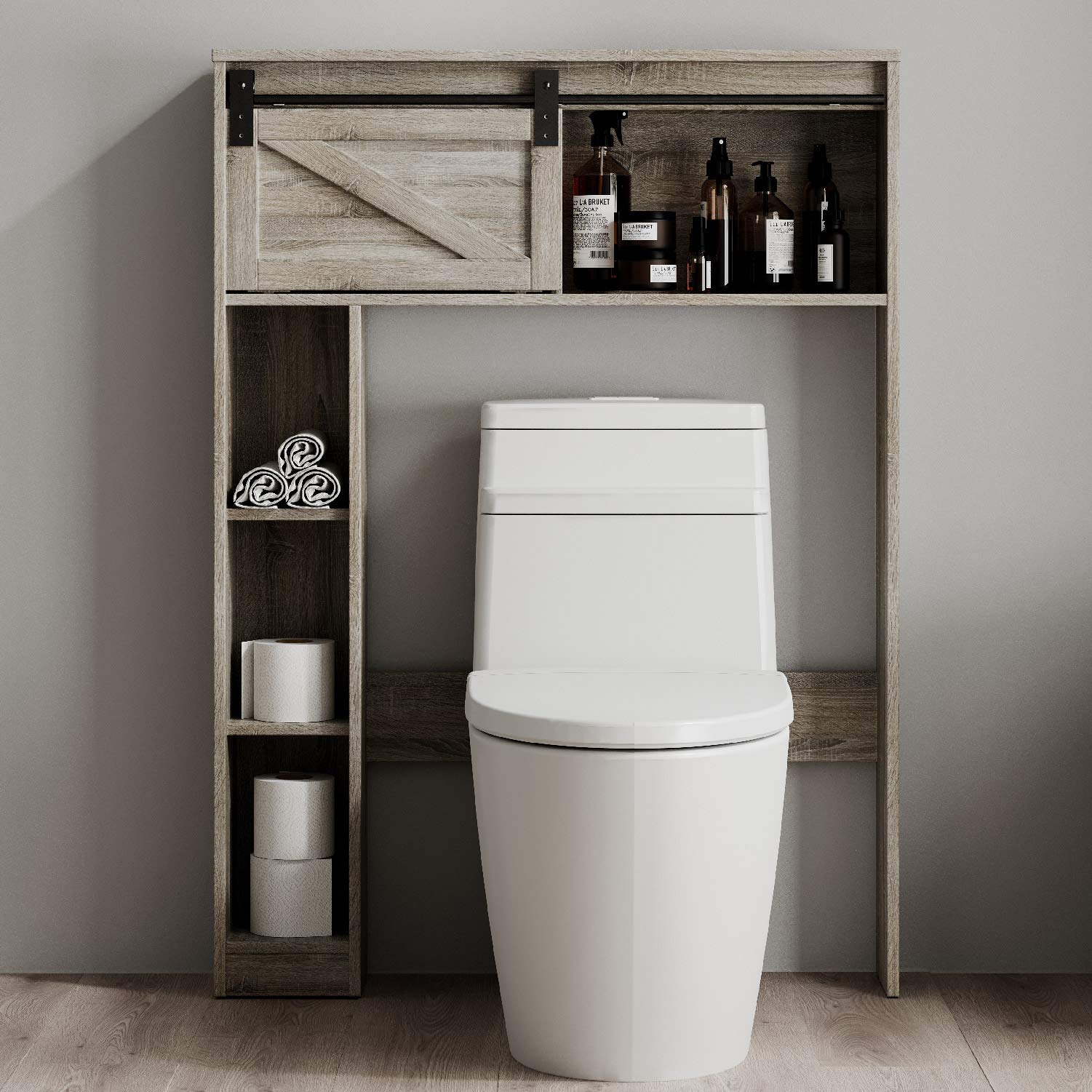 Landia Home Over the Toilet Storage Organizer - Modern Farmhouse Bathroom Shelf with Smooth Gliding Barn Door for Quick Access | Space-Saving Bathroom Organization for Towels, Toiletries & Decor