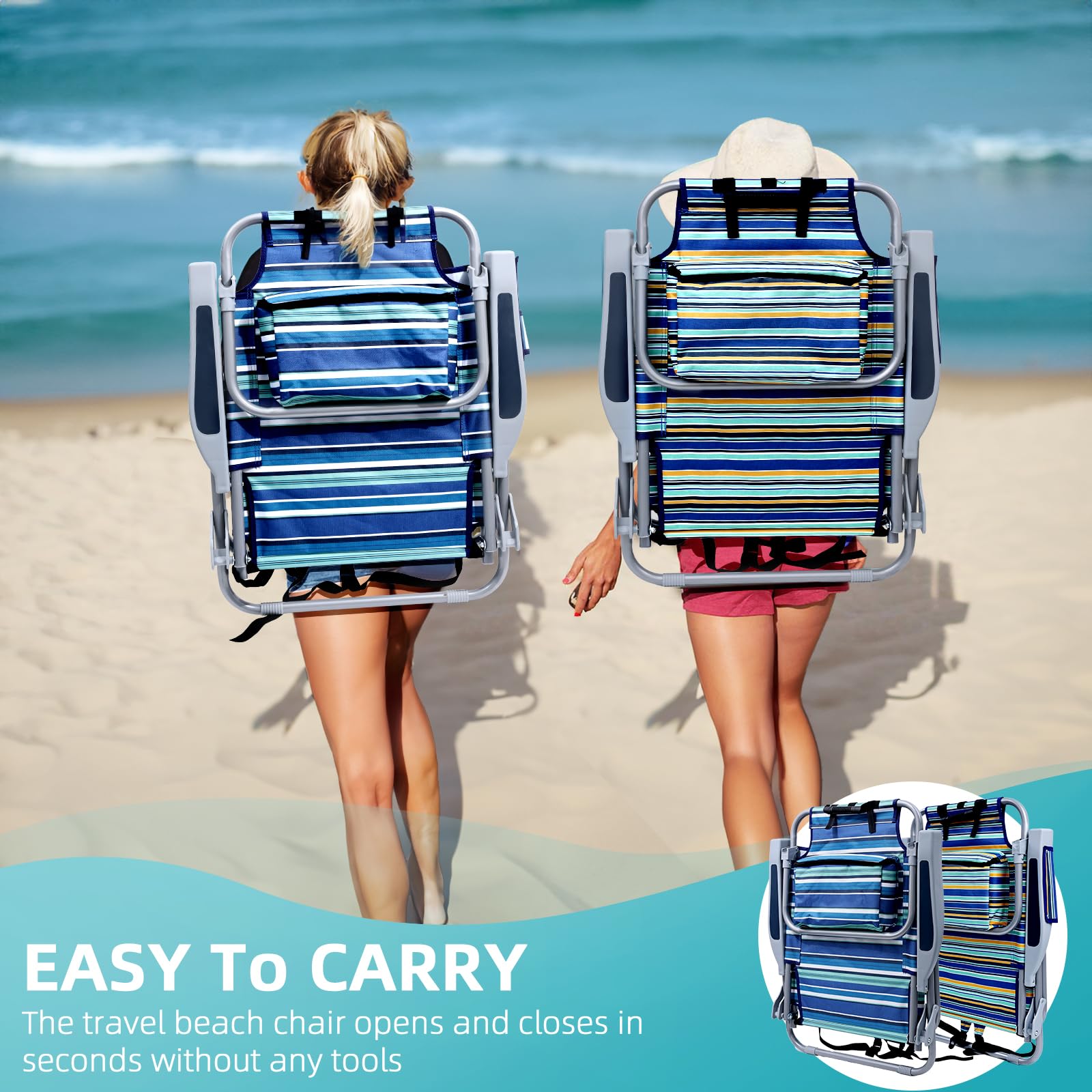 **Heavy Duty Folding Beach Chair for Adults - 4 Position Adjustable Backpack Beach Chair with Large Cooler Pouch, Supports 350LBS (Stripes Blue, Cyan & Yellow) - Perfect for Beach, Camping, Picnics & Outdoor Relaxation**