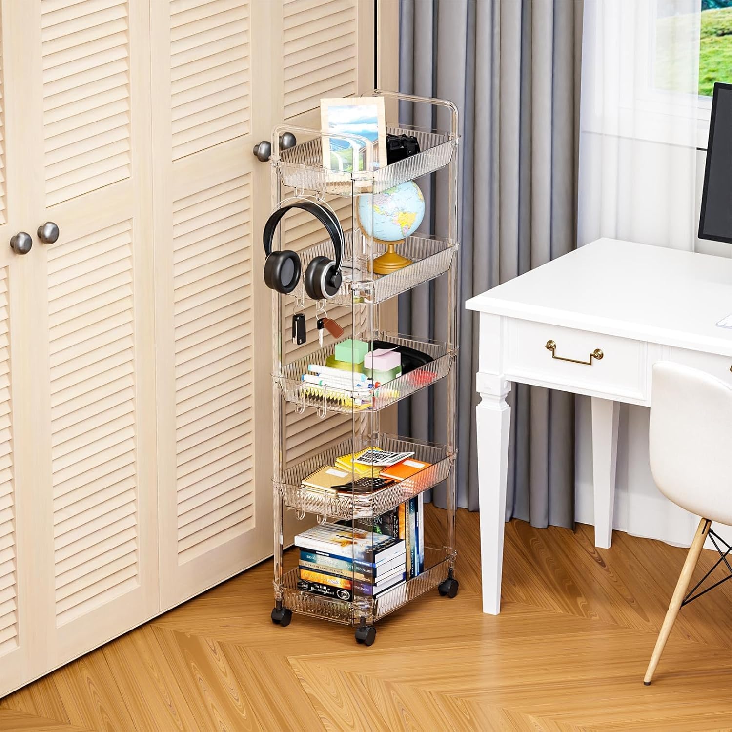 5-Tier Rolling Cart with Wheels - Clear Acrylic Utility Storage Cart for Dorm Room, Bathroom, Kitchen, Art Supplies & Diaper Organization | Mobile Storage Solution for Small Spaces & Home Organization