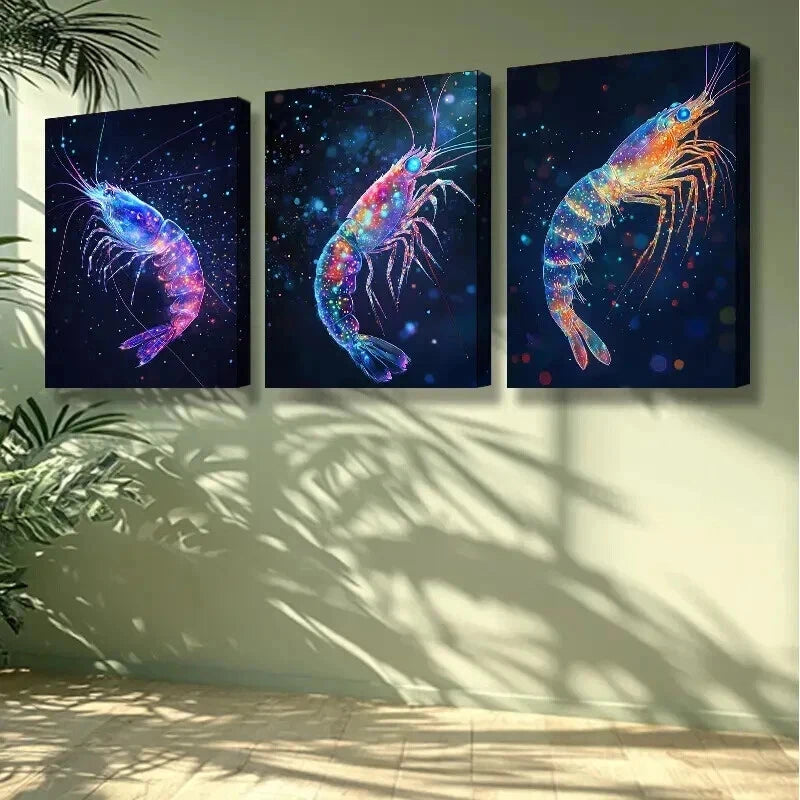 3-Piece Cosmic Galaxy Shrimp Wall Art Set - Framed Canvas 50x70cm | High Quality Print | 100% Australian Made | Ready to Hang | Perfect for Living Room, Bedroom & Office Decor