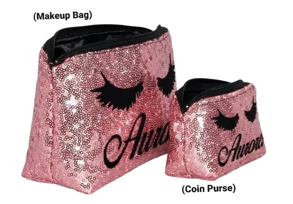 Personalized Sparkle Makeup Bag & Coin Purse Gift Set with Bling Sequin Clutch, Lashes Cosmetic Case Pouch - Hot Pink | Perfect for Travel, Bridal Party Favors & Girls Birthday Gifts
