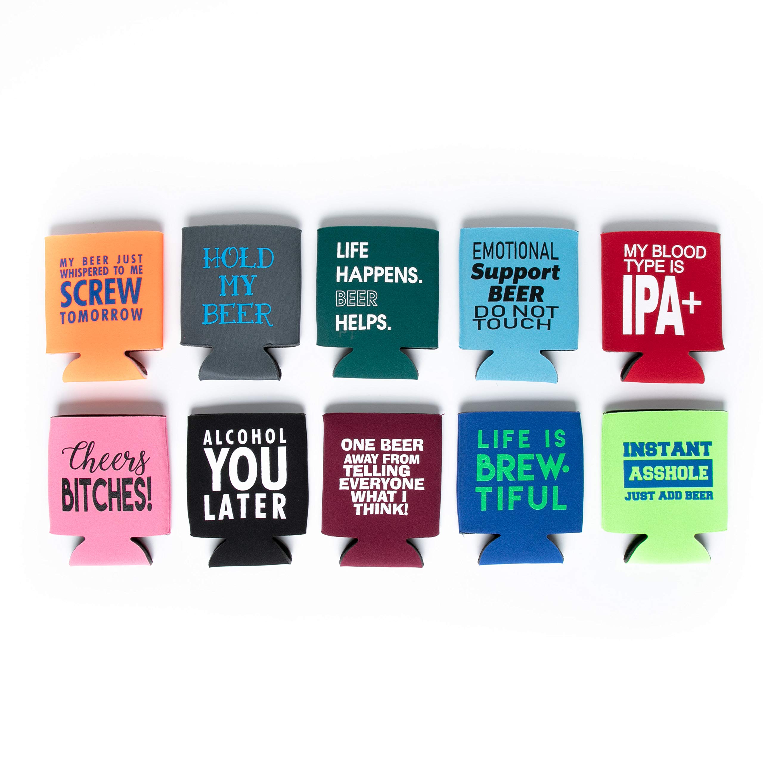 Funny Beer Can Slim Coolie 10-Pack - Insulated Can Coolers for Beer, Soda & Drinks - Perfect for Parties, BBQs & Outdoor Events