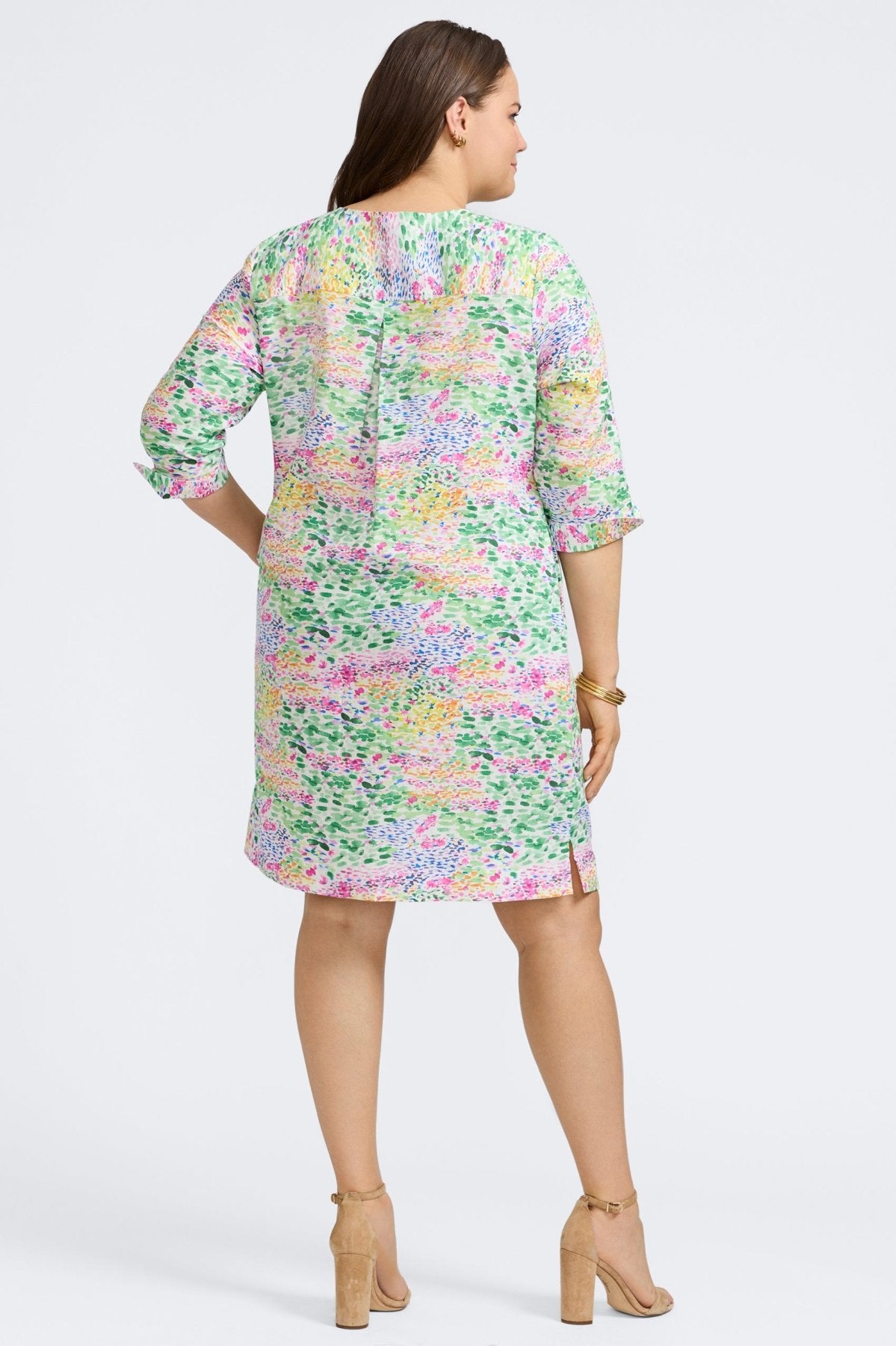 Vena Plus Linen Impressionist Floral 3/4 Sleeve Dress - Women's Bohemian Summer Dress for Beach, Garden & Casual Outings