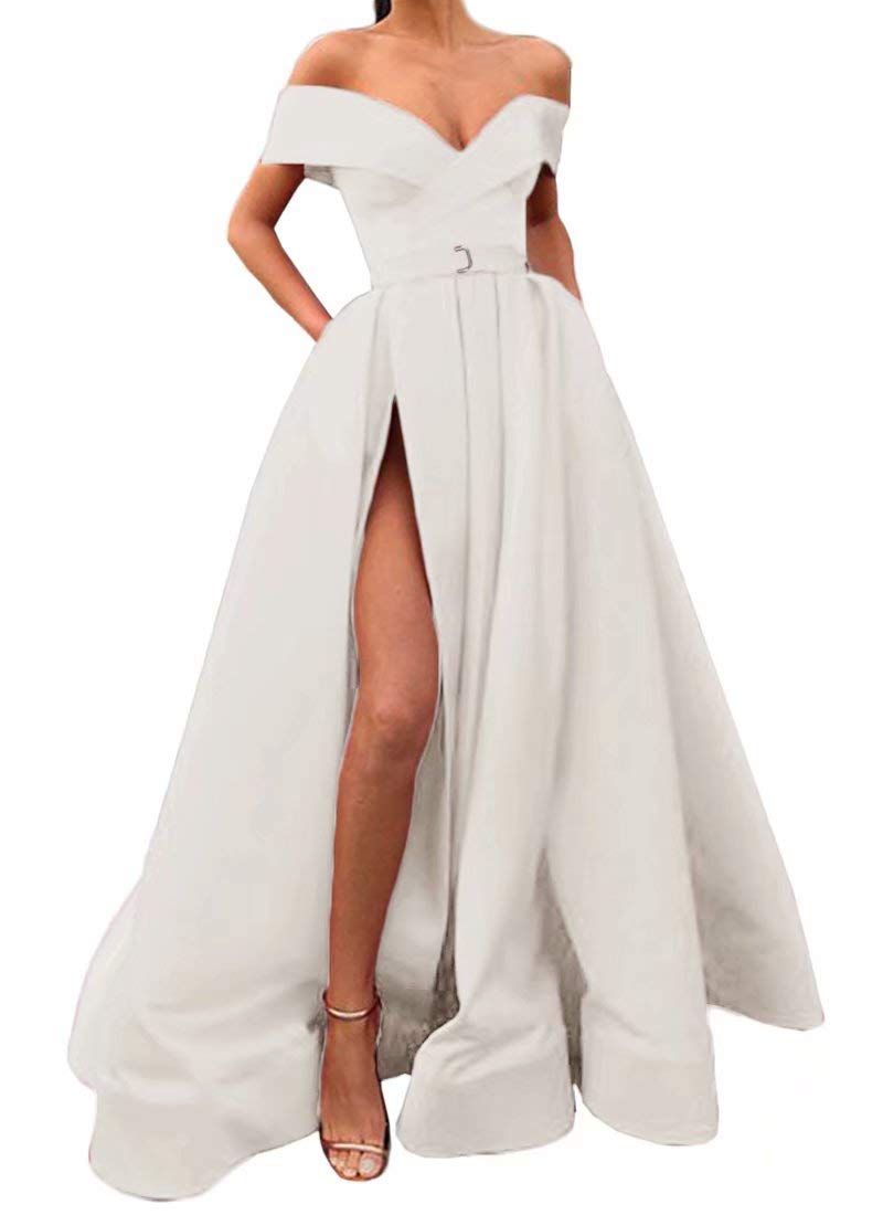 Elegant Off Shoulder Prom Dresses with Pockets - Long Split Formal Evening Ball Gowns for Women | Perfect for Homecoming, Wedding Guest & Special Occasions
