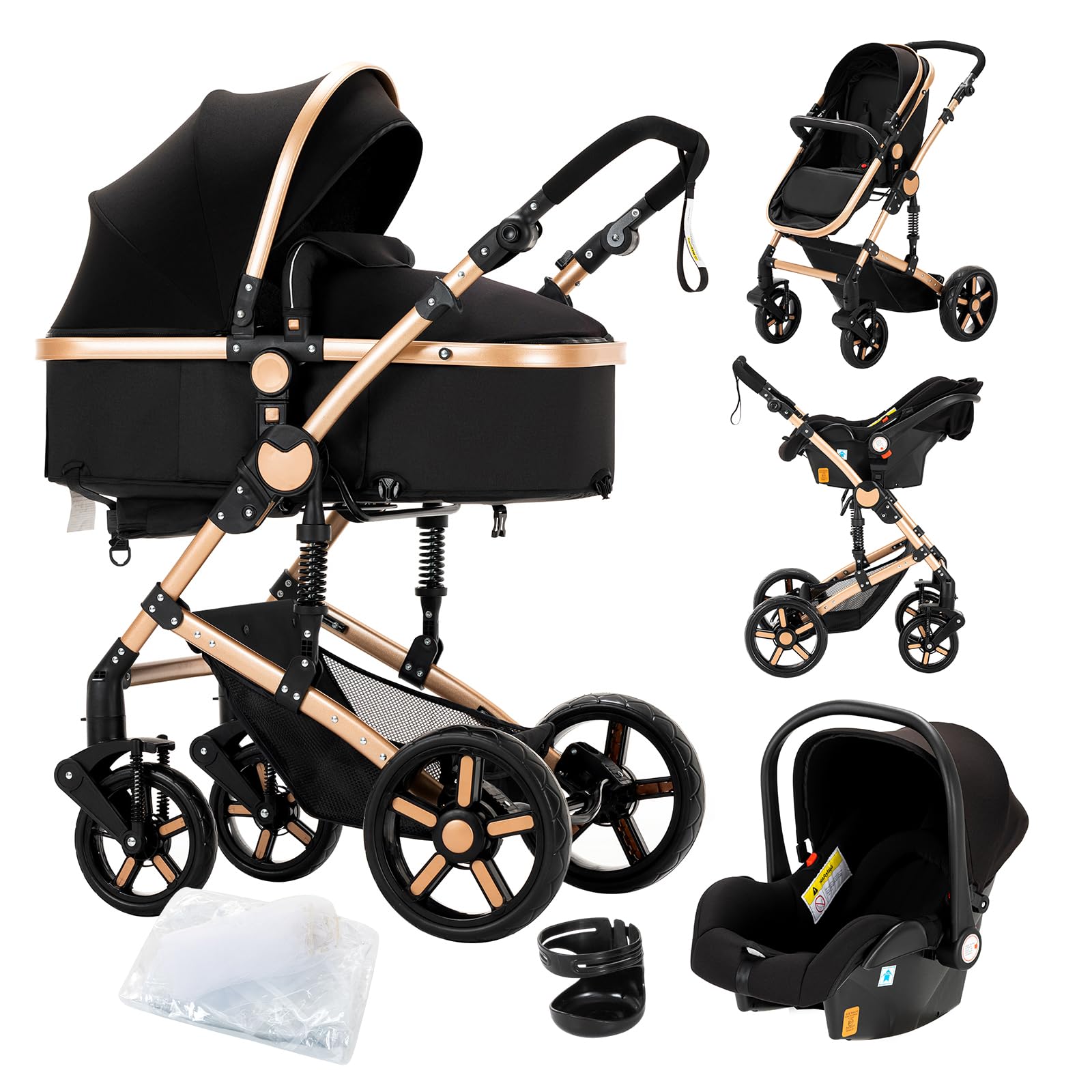 3 in 1 Baby Travel System - Reversible Stroller, Foldable Luxury Pram & Portable Pushchair for Newborn to Toddler | Lightweight & Compact Design for Shopping, Travel & Daily Use (MG588-BLACKGOLD without Base)