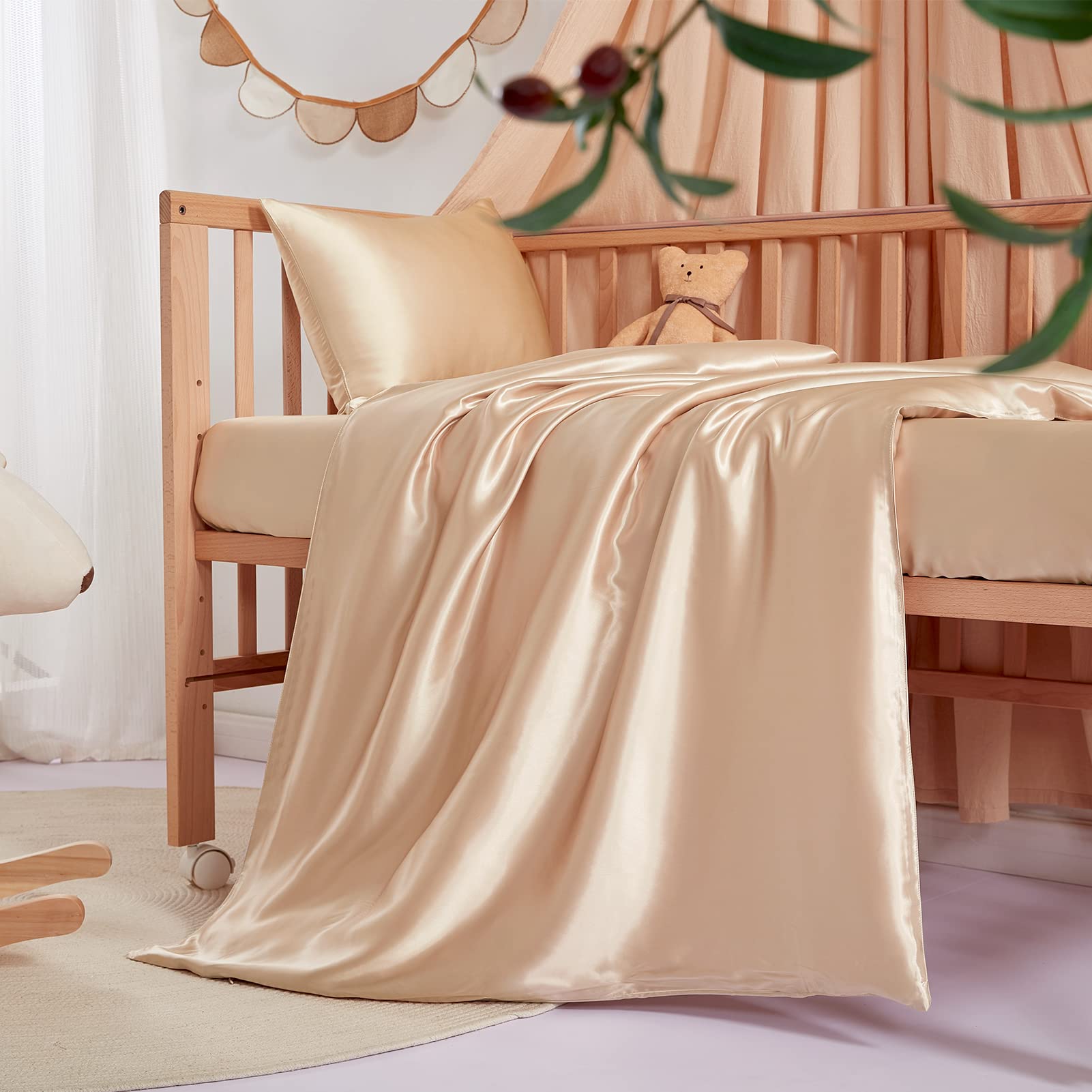THXSILK 100% Pure Mulberry Silk Duvet Cover - Ultra Soft & Smooth Organic Crib Bedding for Baby (Champagne, 35