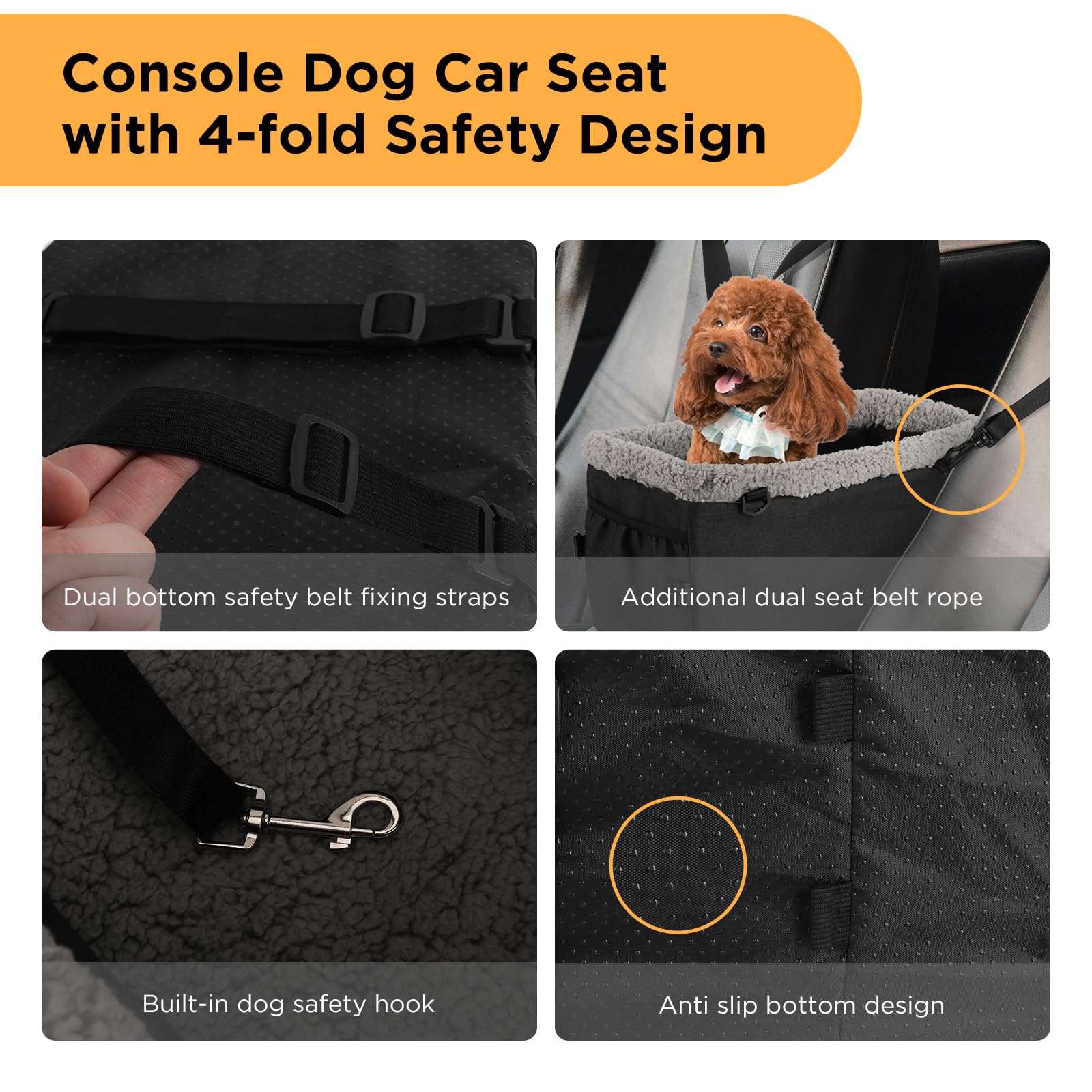 Small Dog Car Booster Seat for Pets Up to 12 lbs - Center Console Pet Carrier with Safety Belt & Puppy Hook - Soft, Warm, Washable & Comfortable - Perfect for Road Trips, Vet Visits & Daily Commutes