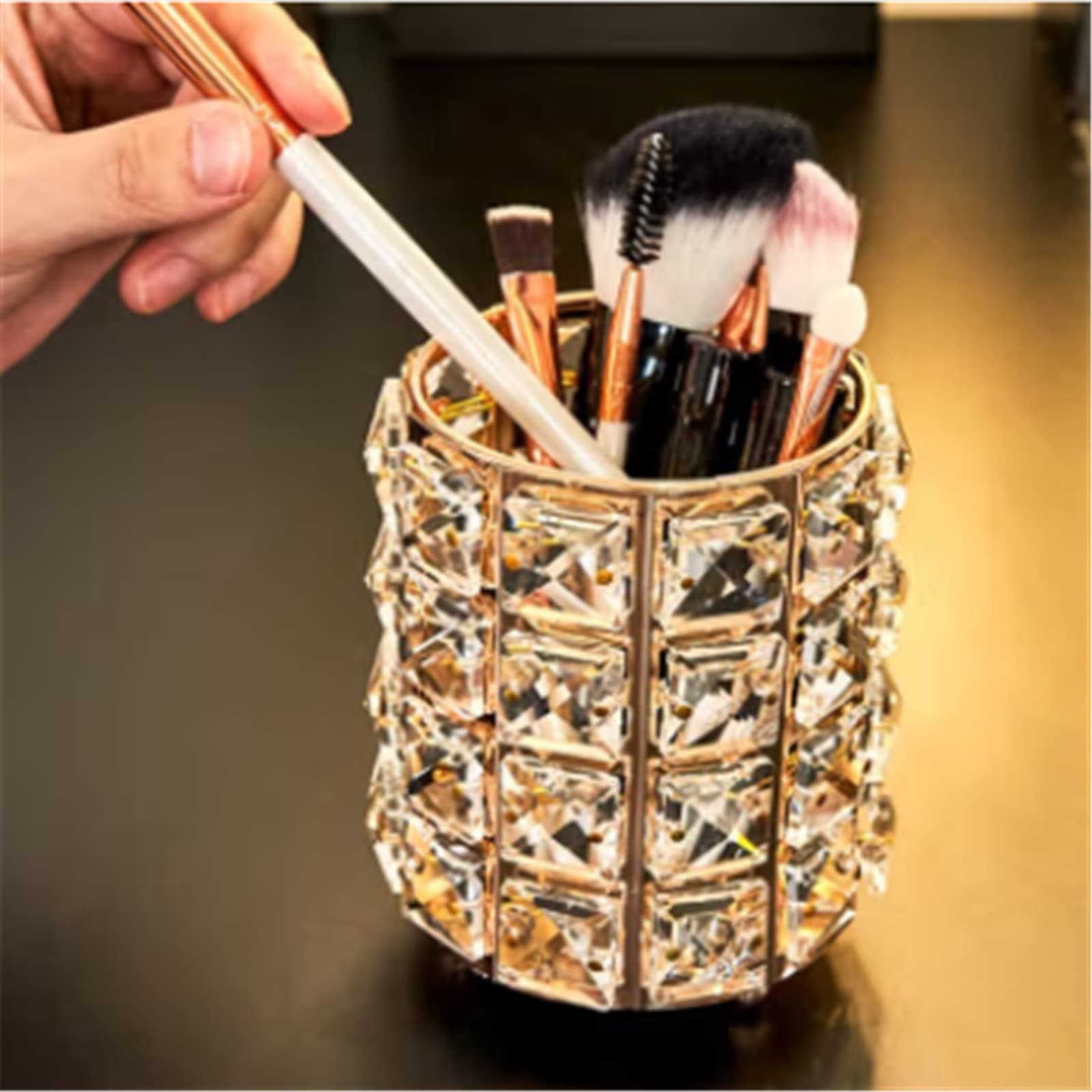 Premium Makeup Brush Holder - Crystal Clear Acrylic Storage Box for Brushes & Eyebrow Pencils (Gold, 11.6x9cm) - Perfect for Vanity Organizer, Travel Cosmetic Case & Salon Display