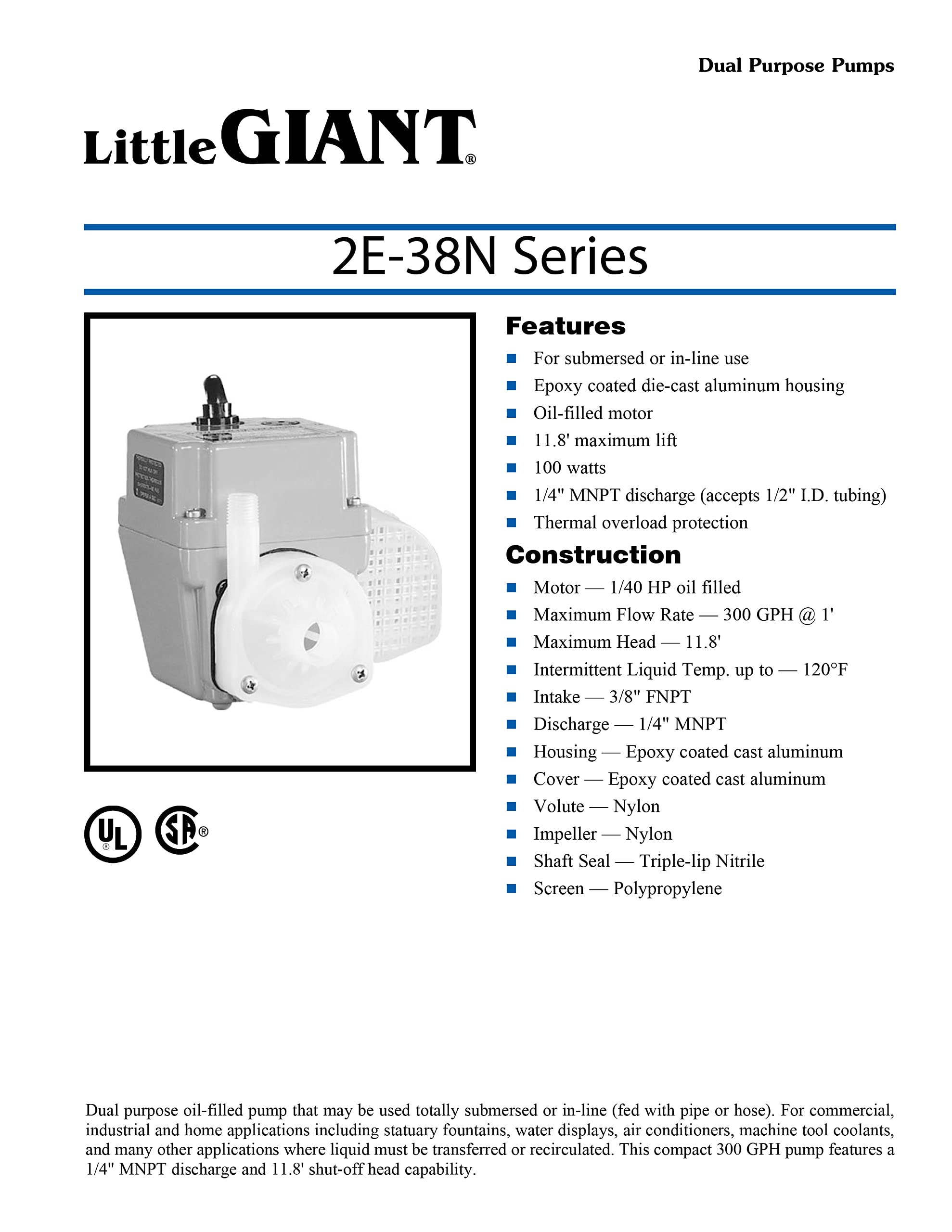 Little Giant 2E-38NT 115V 300 GPH 1/40 HP Manual Inline Submersible Oil-Filled Aluminum Water Pump with 10-Foot Cord - Blue (Model 502286) - Perfect for Basement Drainage, Aquariums, and Small Water Transfer Applications