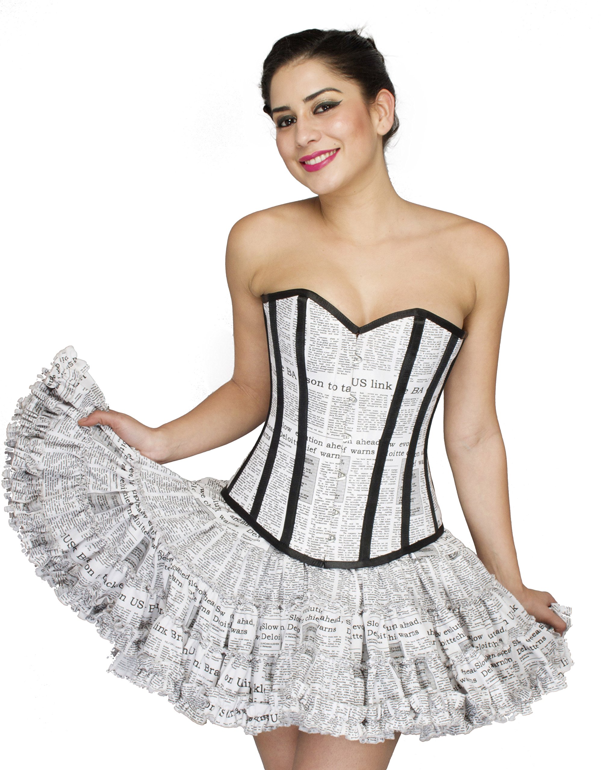 Gothic Burlesque Overbust Corset Dress - Black Satin Stripes & Newspaper Print Cotton | Vintage Steampunk Costume for Halloween, Cosplay, and Nightclub Outfits
