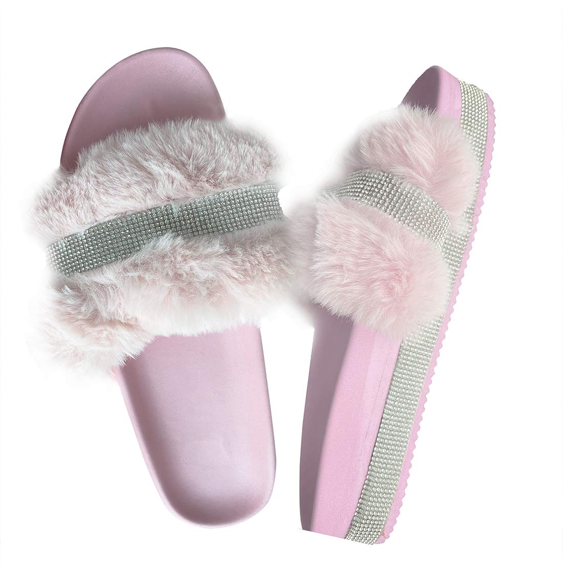 JITUUE Women's Light Slide Slippers - Faux Fur Rhinestone Slip-On Heel Flats with Platform - Open Toe Sandals for Indoor/Outdoor Use - Perfect for Lounging, Spa Days, and Beach Wear