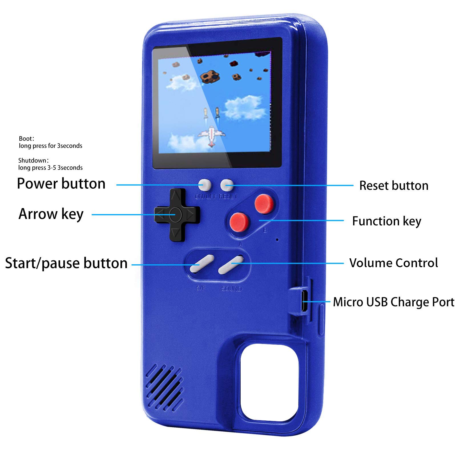 Retro Game Case for iPhone 12/12 Pro - 36 Built-in Classic Games, Color Display & Built-in Battery - Protective Gaming Case for iPhone (Blue) - Perfect for Travel, Commuting & Nostalgic Gaming Fun