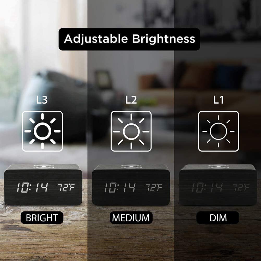 Wireless Charging Alarm Clock with Dimmable LED Display - USB Charger, Dual Alarm, Non-Ticking, Mains Powered - Perfect for Bedroom, Office, and Travel Use