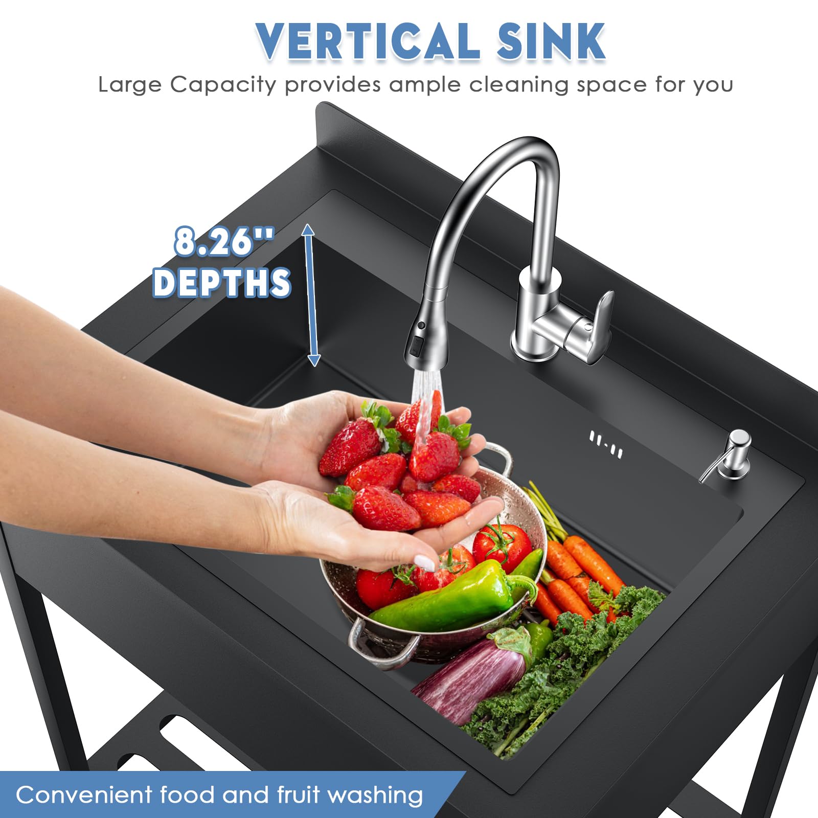 33 Inch Stainless Steel Utility Sink with Hot & Cold Water Faucet - Commercial Kitchen & Outdoor Sink with Drain Kit - Heavy Duty Laundry Sink for Bathroom, Garage, Workshop & RV Use (Black)