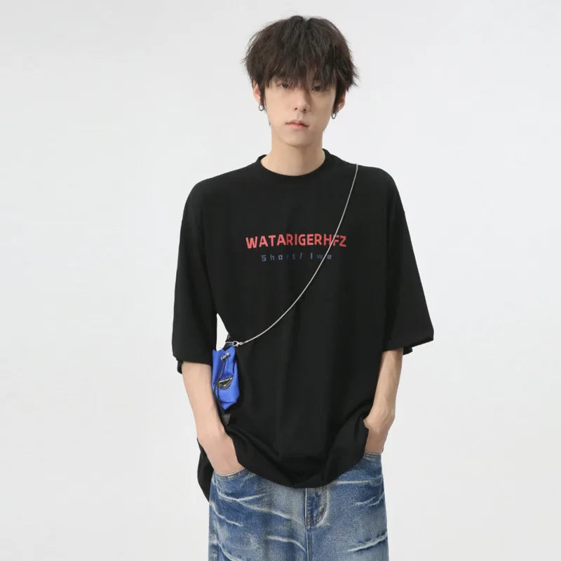 American Style Men's T-Shirts - Round Neck Short Sleeve Cotton Tees with Letter Print | Trendy Summer Casual Wear for Everyday Outfits & Street Fashion