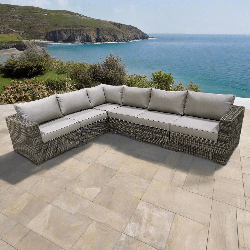 Valence Outdoor Patio Wicker L-Shaped Sectional Sofa Set - Brown Rattan Furniture with Sunbrella Taupe Cushions - Perfect for Backyard, Poolside & Garden Relaxation
