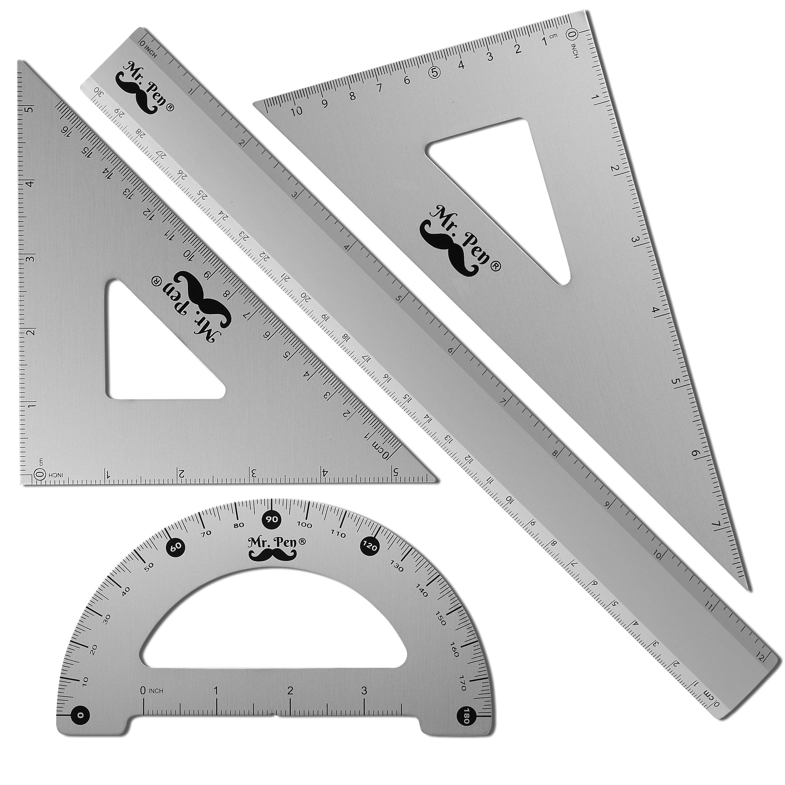 Premium Metal Geometry Kit - 4-Piece Set with Square, Protractor, Aluminum Ruler & Drafting Triangles for Students, Engineers & Artists | Perfect for Math Class, Technical Drawing & Architecture Design