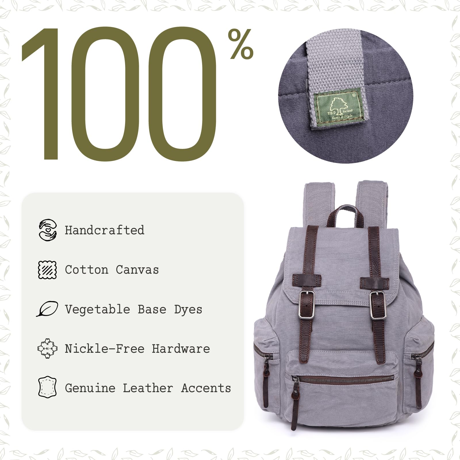 TSD Brand Silent Trail Canvas Backpack - Lightweight Durable Hiking Daypack for Men & Women, Water-Resistant Grey College School Backpack - Perfect for Outdoor Adventures, Travel & Daily Commute